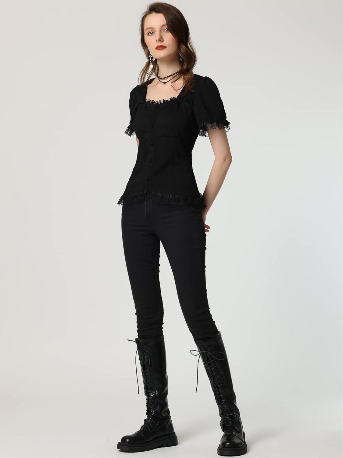 imageAllegra K Victorian Shirt for Womens Sweetheart Neck Puff Sleeve Halloween Lace Up Gothic BlouseBlack