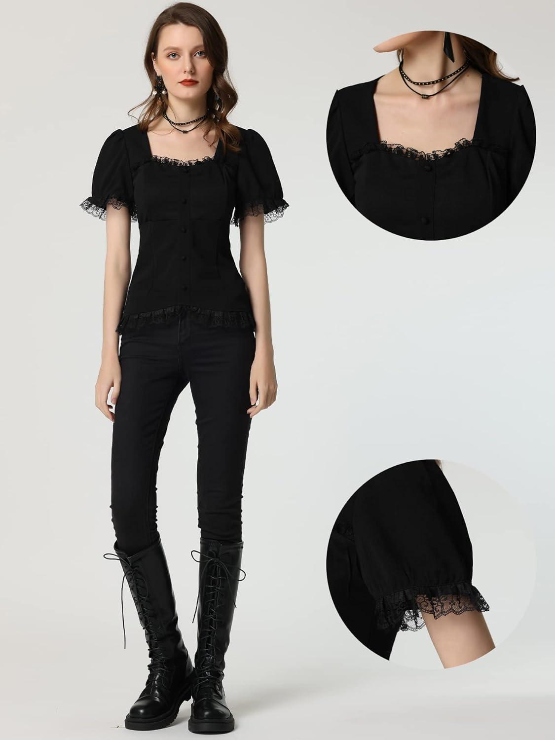imageAllegra K Victorian Shirt for Womens Sweetheart Neck Puff Sleeve Halloween Lace Up Gothic BlouseBlack