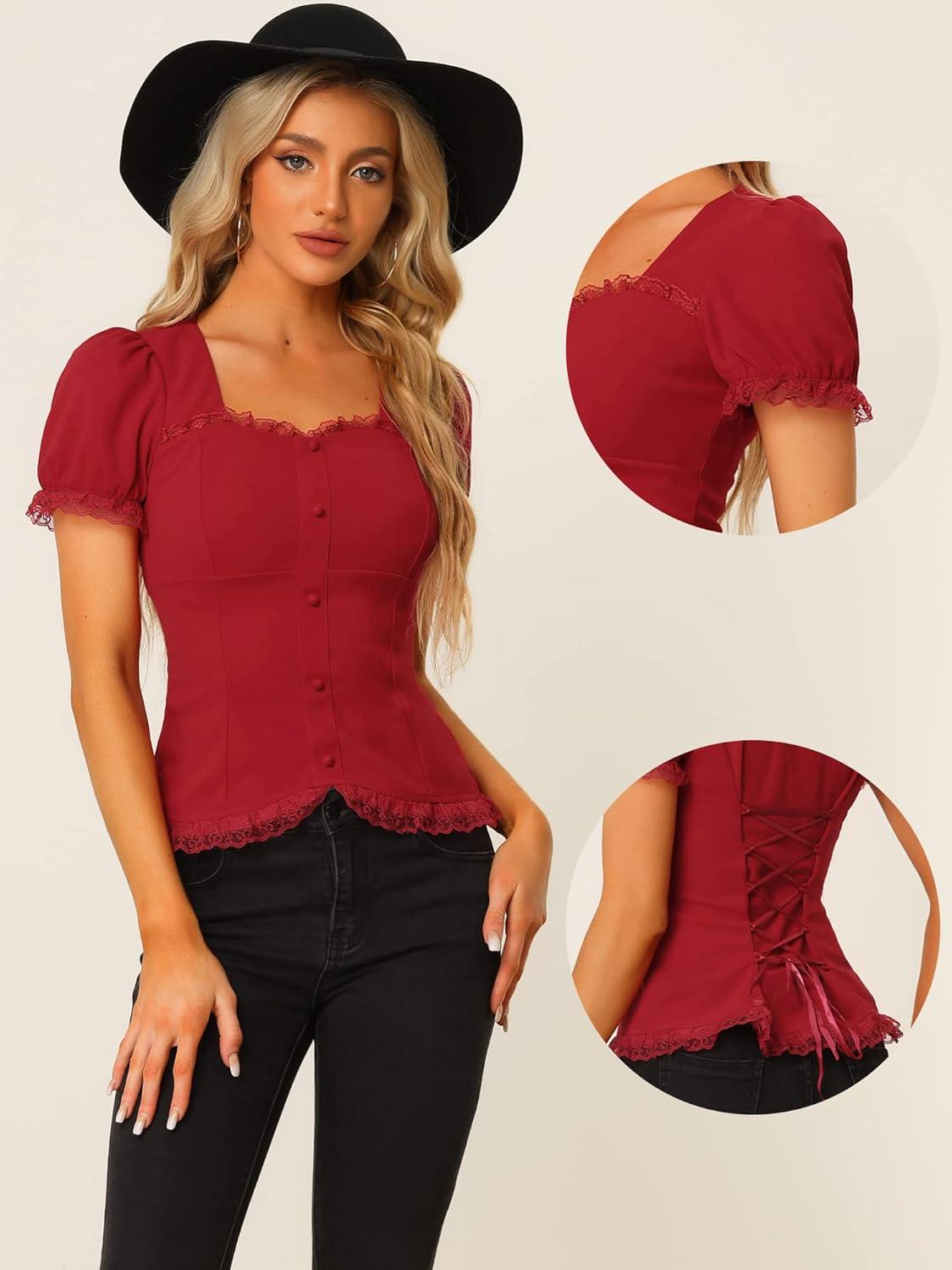 imageAllegra K Victorian Shirt for Womens Sweetheart Neck Puff Sleeve Halloween Lace Up Gothic BlouseBurgundy