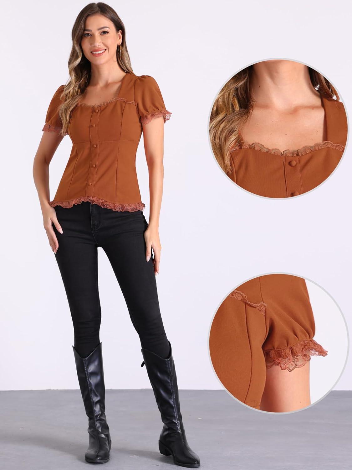 imageAllegra K Victorian Shirt for Womens Sweetheart Neck Puff Sleeve Halloween Lace Up Gothic BlouseCaramel