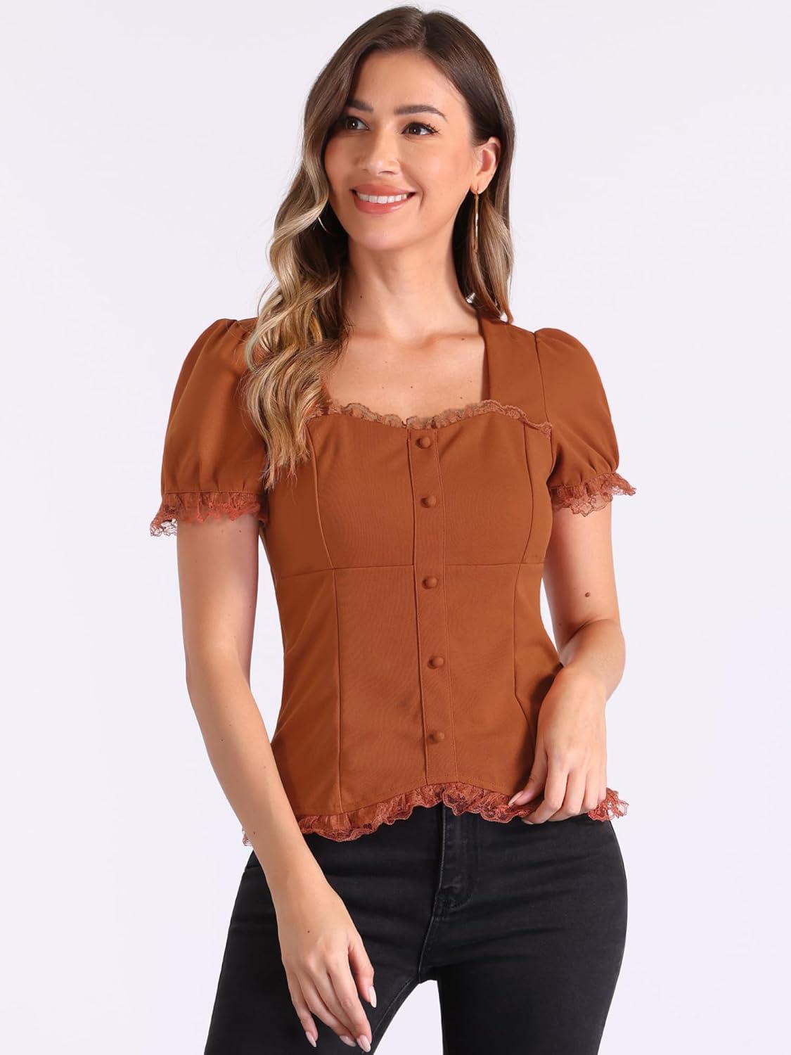 imageAllegra K Victorian Shirt for Womens Sweetheart Neck Puff Sleeve Halloween Lace Up Gothic BlouseCaramel