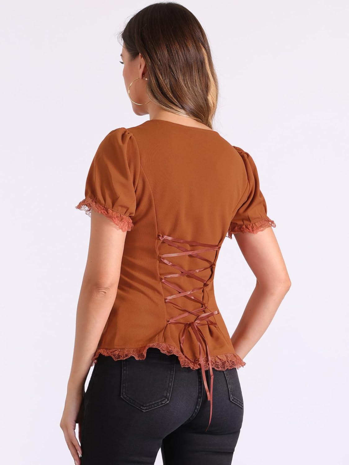 imageAllegra K Victorian Shirt for Womens Sweetheart Neck Puff Sleeve Halloween Lace Up Gothic BlouseCaramel