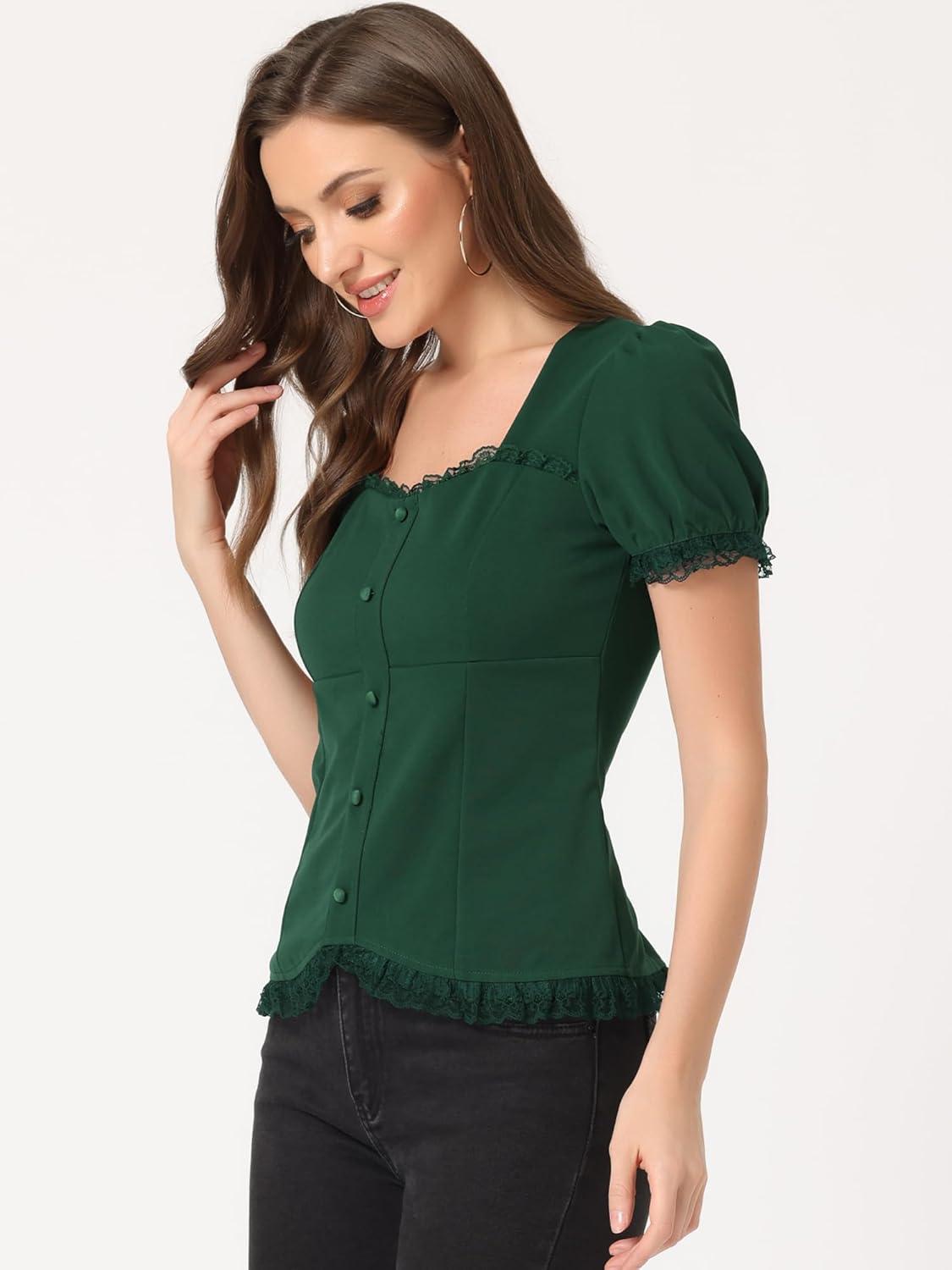 imageAllegra K Victorian Shirt for Womens Sweetheart Neck Puff Sleeve Halloween Lace Up Gothic BlouseDark Green