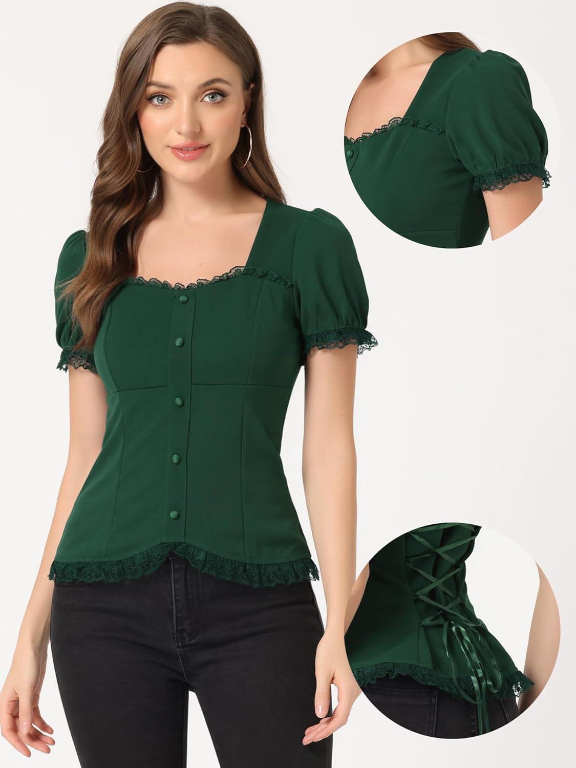 imageAllegra K Victorian Shirt for Womens Sweetheart Neck Puff Sleeve Halloween Lace Up Gothic BlouseDark Green