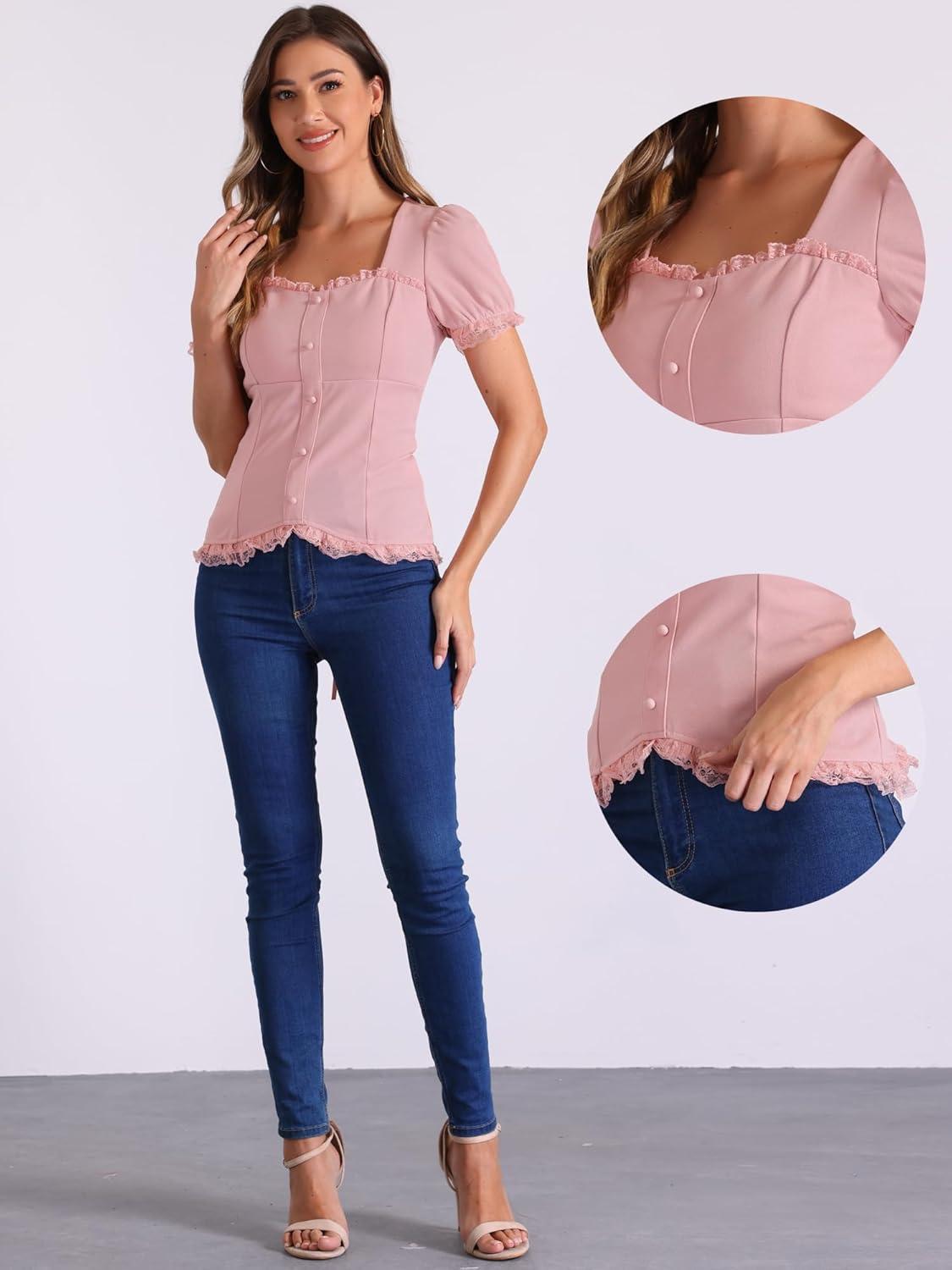 imageAllegra K Victorian Shirt for Womens Sweetheart Neck Puff Sleeve Halloween Lace Up Gothic BlouseGrey Pink