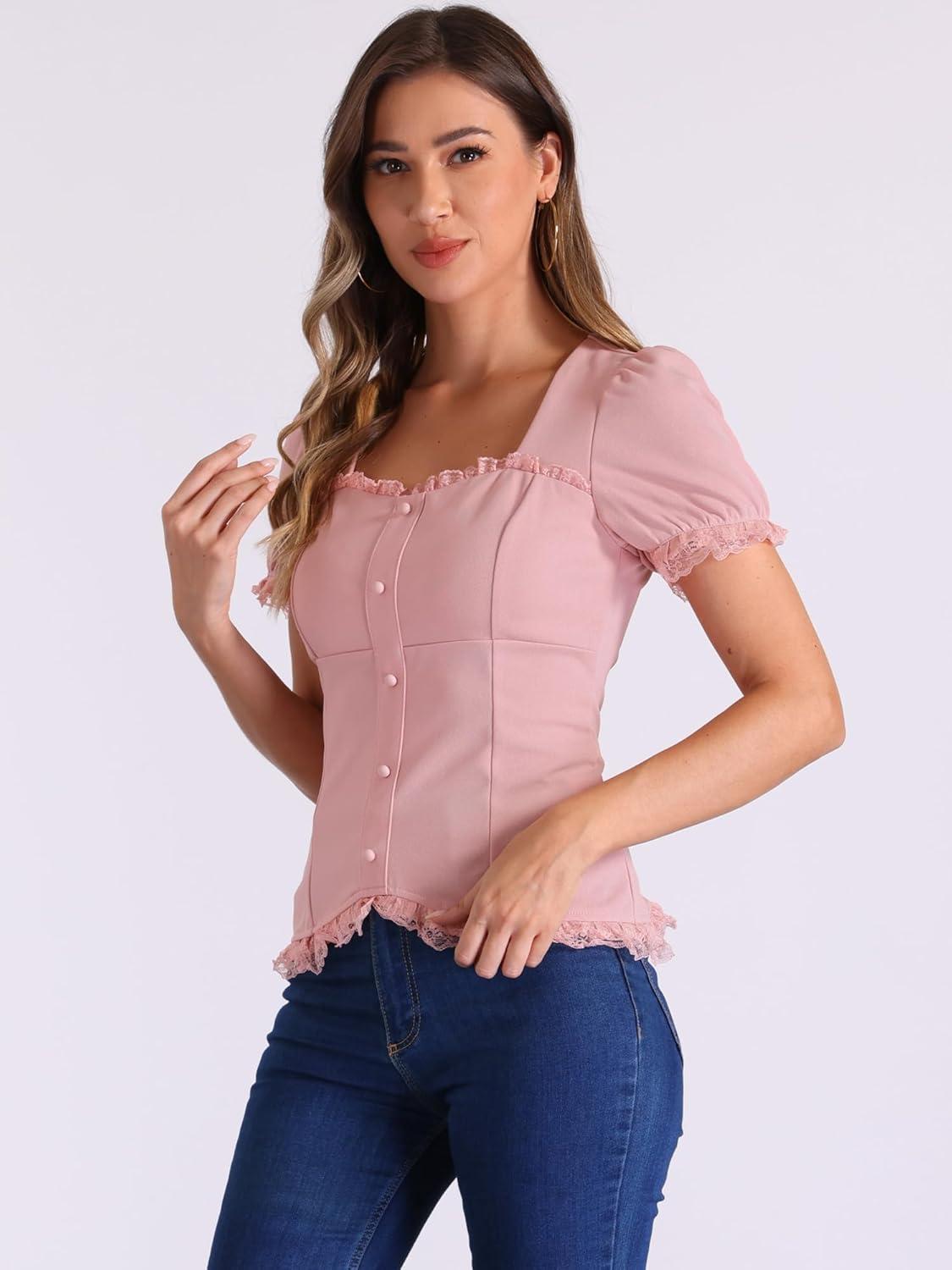 imageAllegra K Victorian Shirt for Womens Sweetheart Neck Puff Sleeve Halloween Lace Up Gothic BlouseGrey Pink
