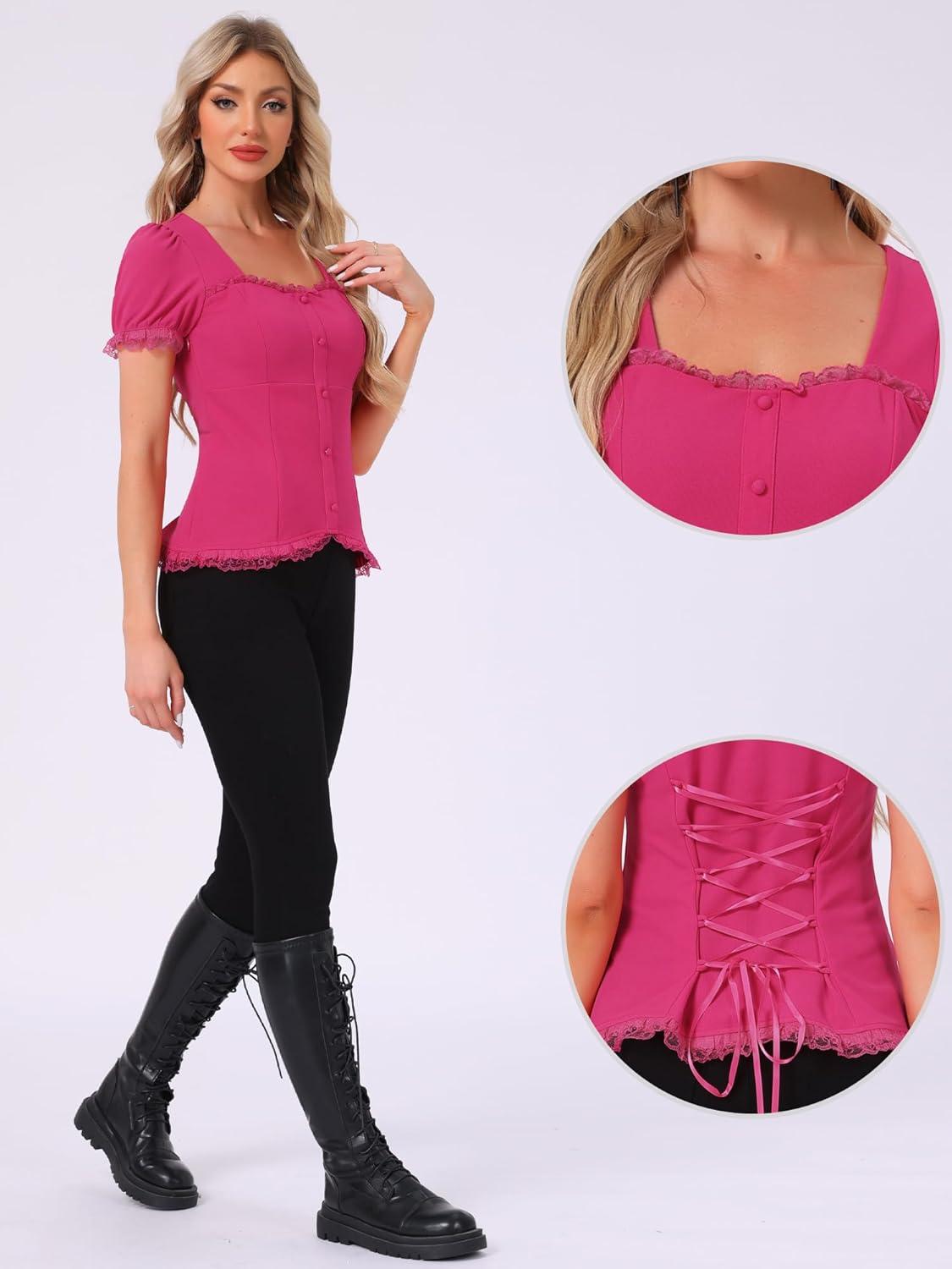 imageAllegra K Victorian Shirt for Womens Sweetheart Neck Puff Sleeve Halloween Lace Up Gothic BlouseHot Pink