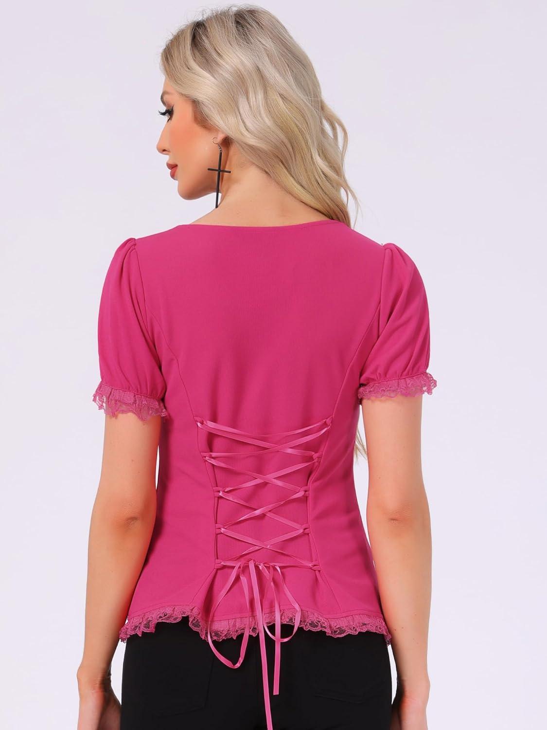 imageAllegra K Victorian Shirt for Womens Sweetheart Neck Puff Sleeve Halloween Lace Up Gothic BlouseHot Pink