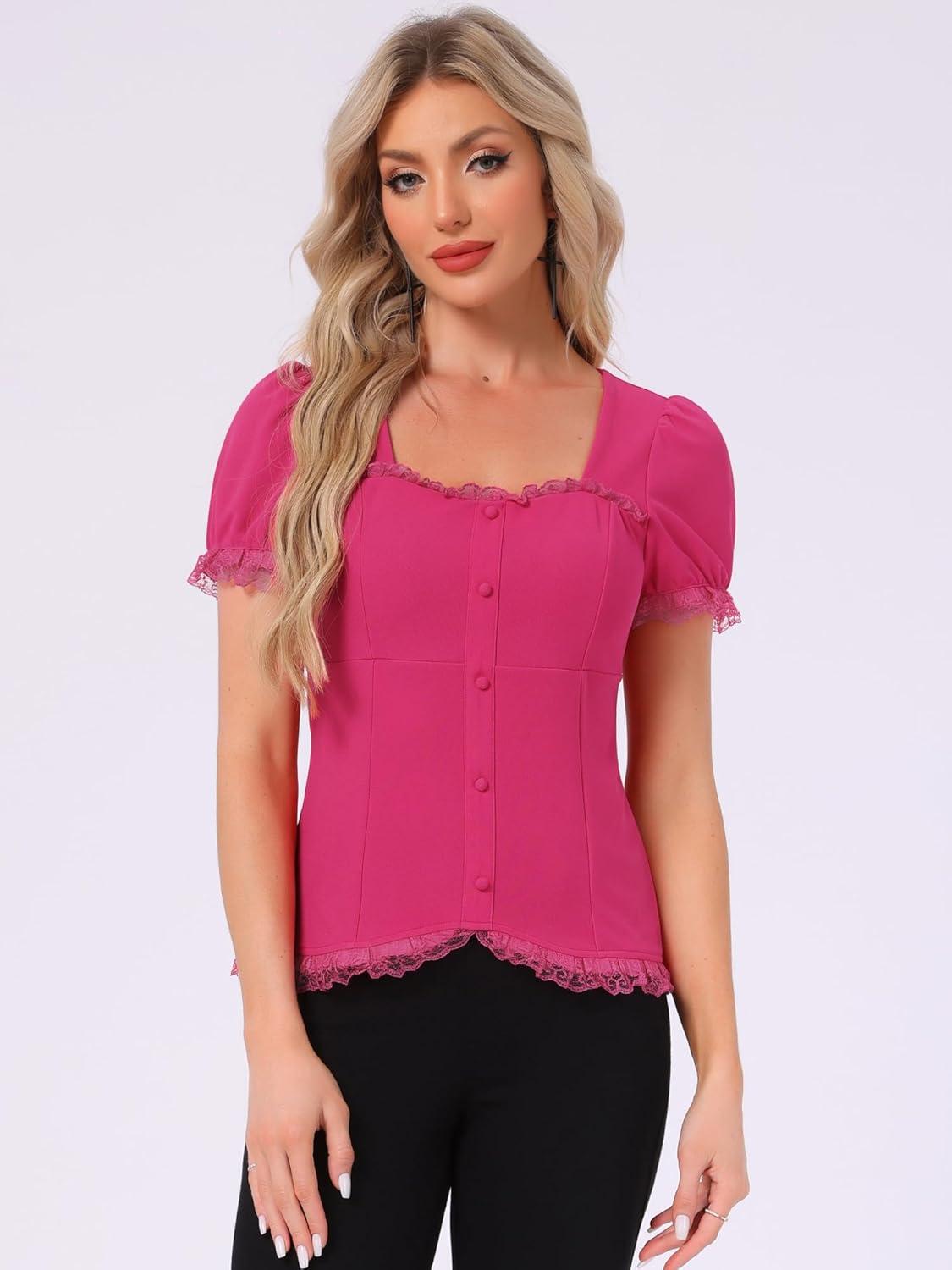 imageAllegra K Victorian Shirt for Womens Sweetheart Neck Puff Sleeve Halloween Lace Up Gothic BlouseHot Pink