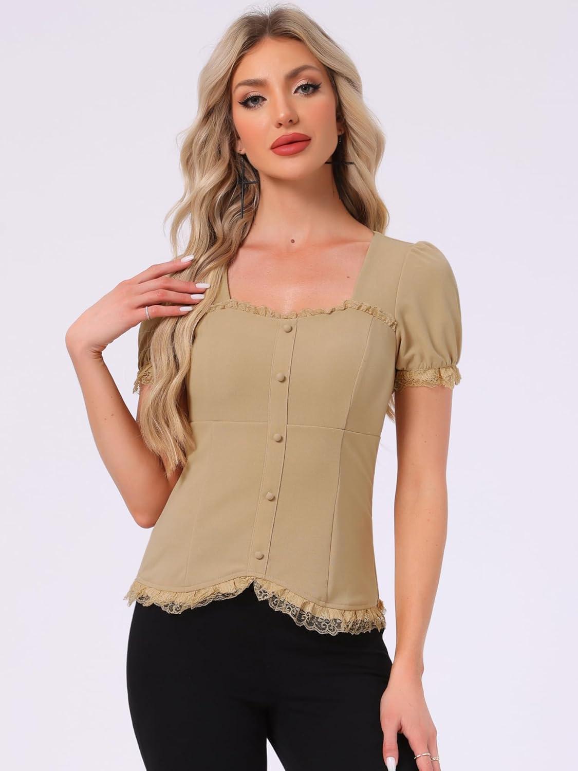 imageAllegra K Victorian Shirt for Womens Sweetheart Neck Puff Sleeve Halloween Lace Up Gothic BlouseKhaki
