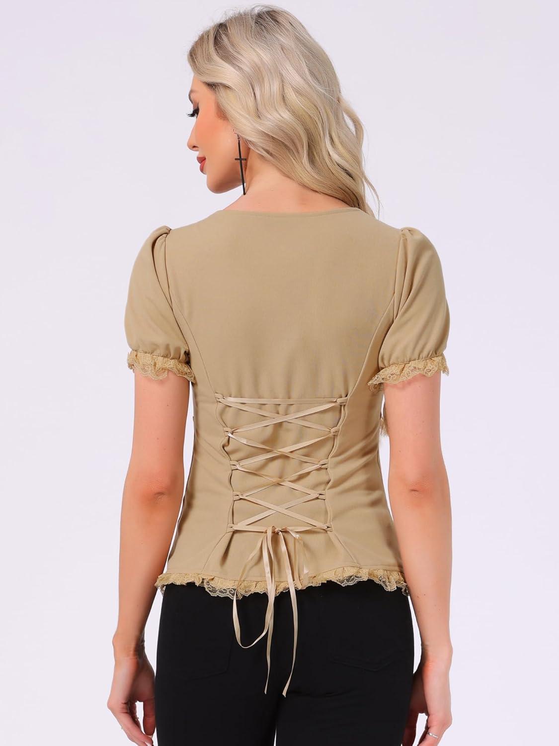 imageAllegra K Victorian Shirt for Womens Sweetheart Neck Puff Sleeve Halloween Lace Up Gothic BlouseKhaki