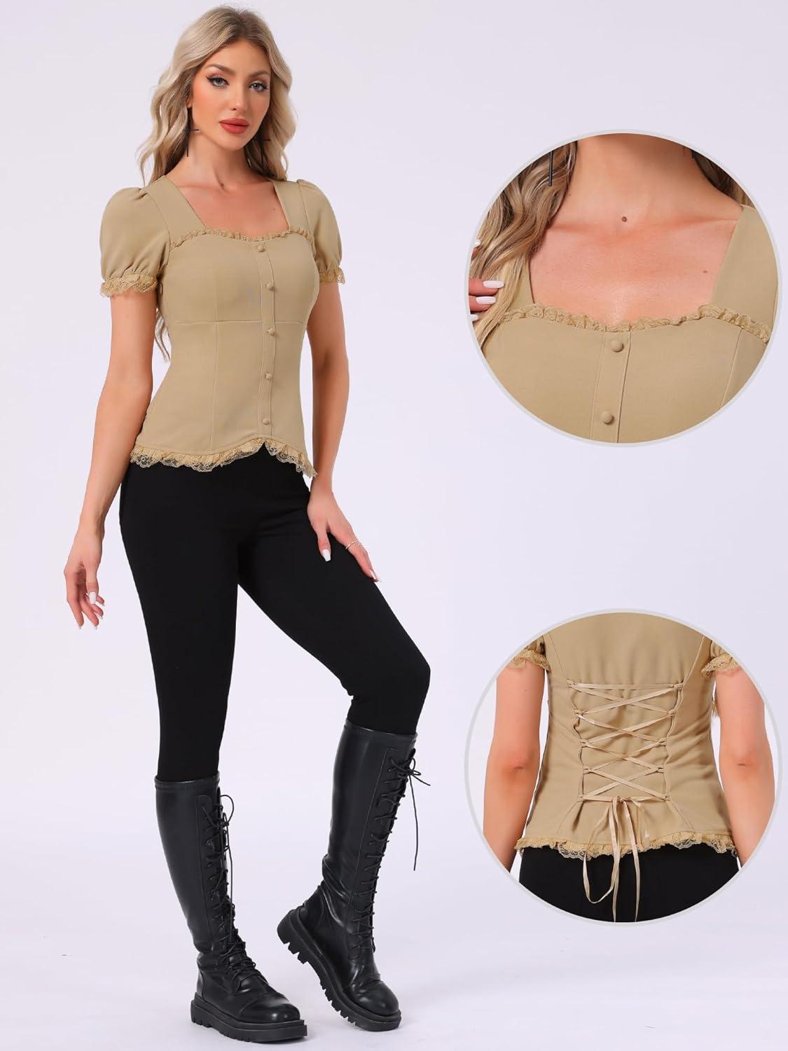 imageAllegra K Victorian Shirt for Womens Sweetheart Neck Puff Sleeve Halloween Lace Up Gothic BlouseKhaki