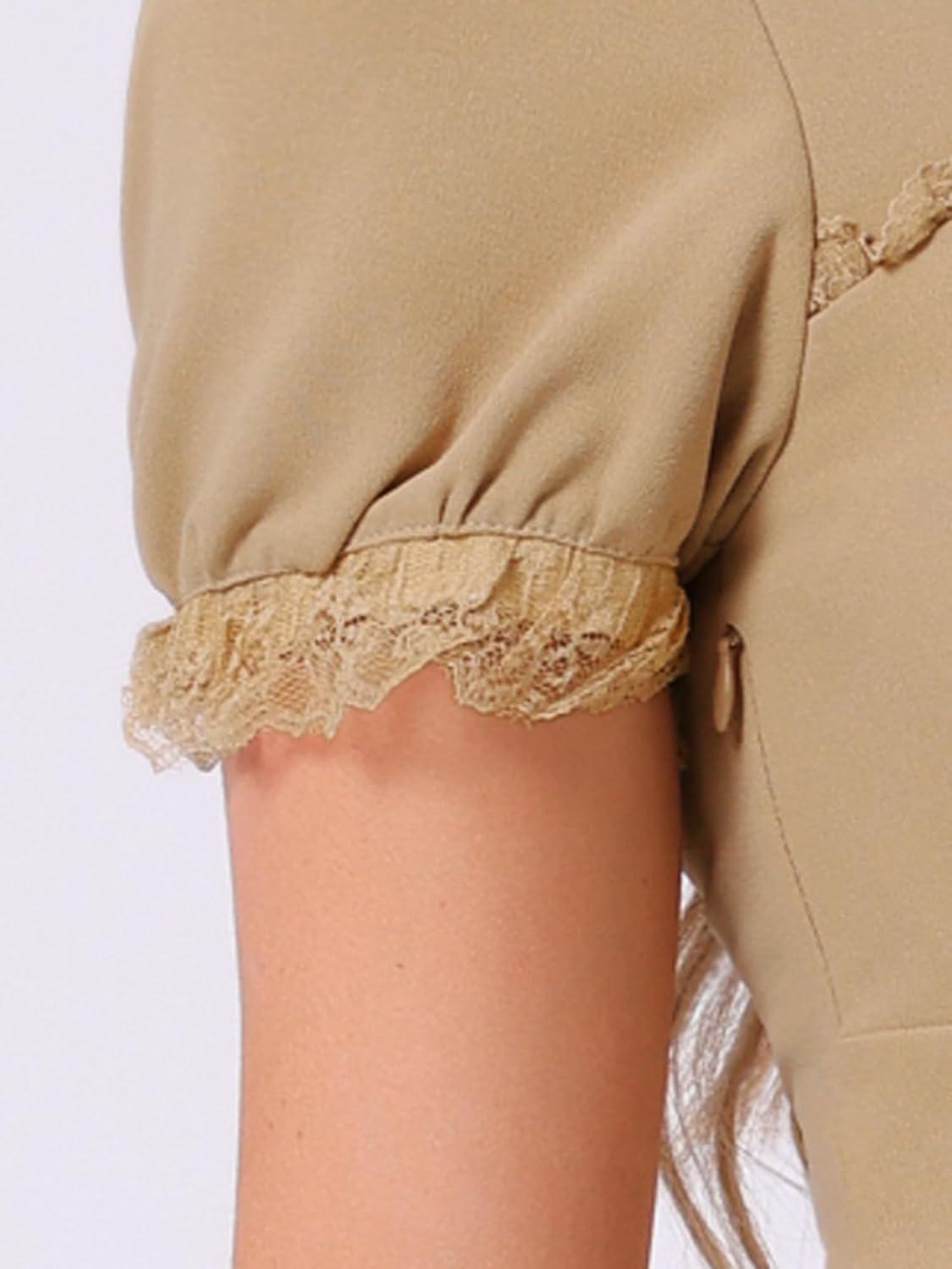 imageAllegra K Victorian Shirt for Womens Sweetheart Neck Puff Sleeve Halloween Lace Up Gothic BlouseKhaki