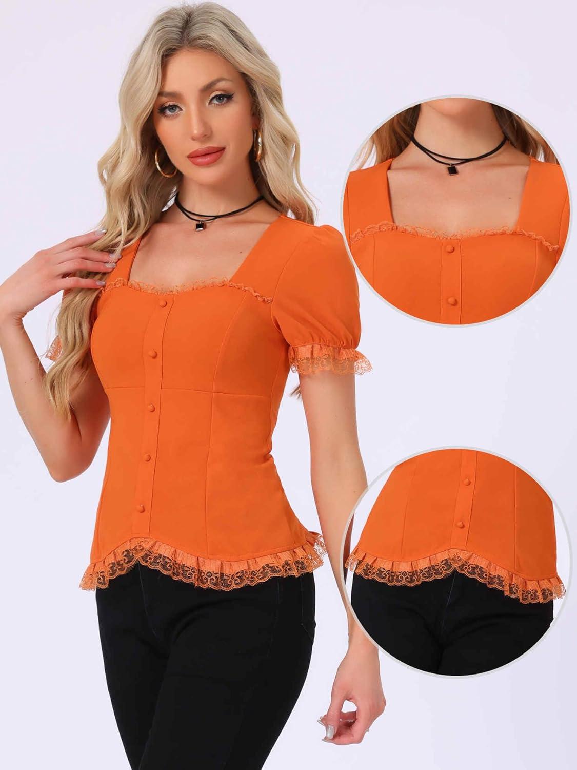 imageAllegra K Victorian Shirt for Womens Sweetheart Neck Puff Sleeve Halloween Lace Up Gothic BlouseOrange