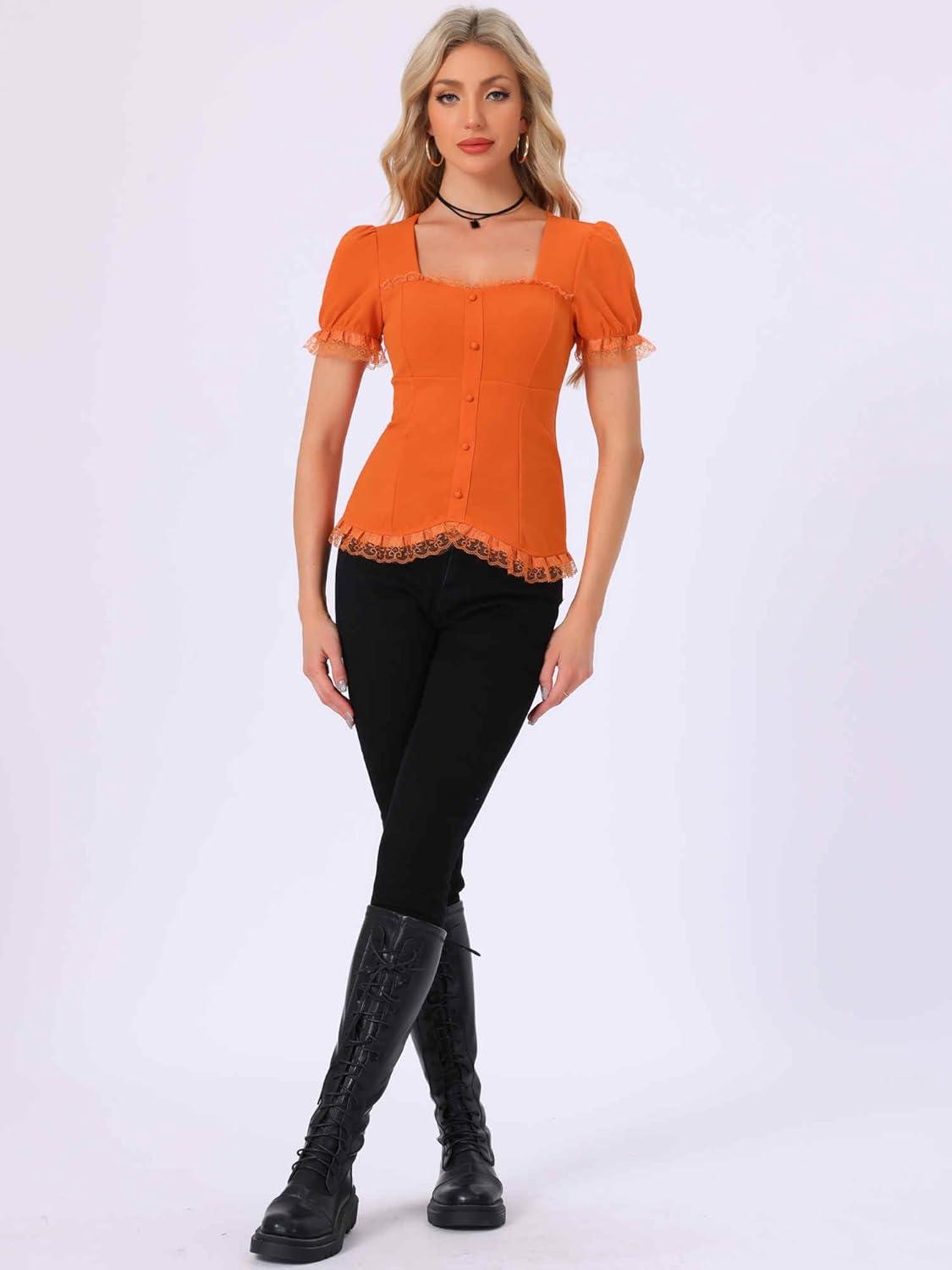 imageAllegra K Victorian Shirt for Womens Sweetheart Neck Puff Sleeve Halloween Lace Up Gothic BlouseOrange