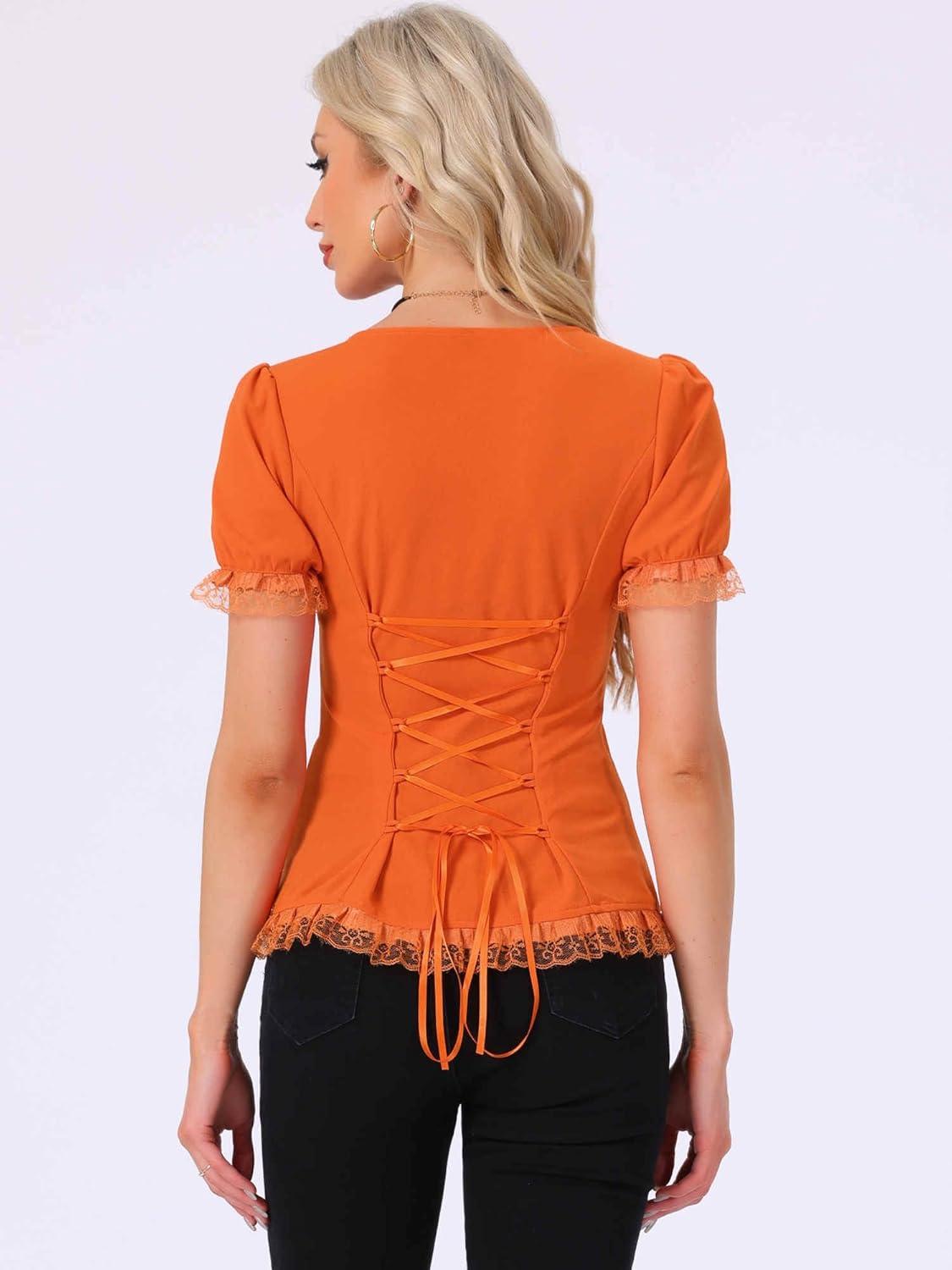 imageAllegra K Victorian Shirt for Womens Sweetheart Neck Puff Sleeve Halloween Lace Up Gothic BlouseOrange