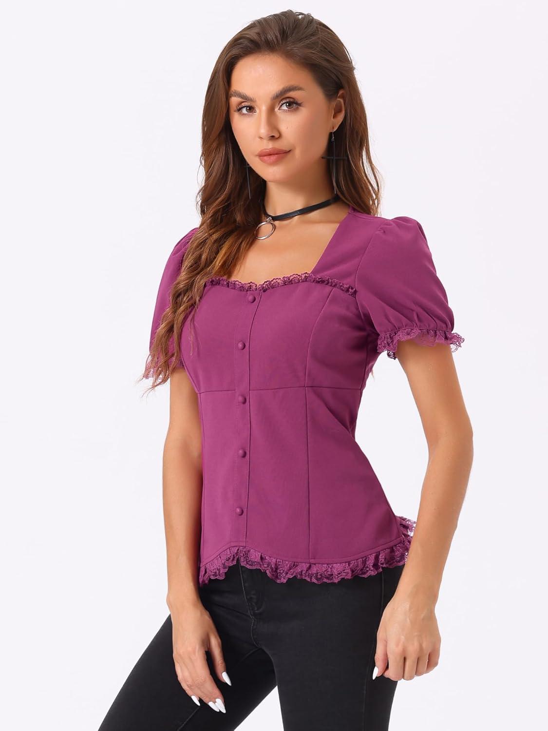 imageAllegra K Victorian Shirt for Womens Sweetheart Neck Puff Sleeve Halloween Lace Up Gothic BlousePurple