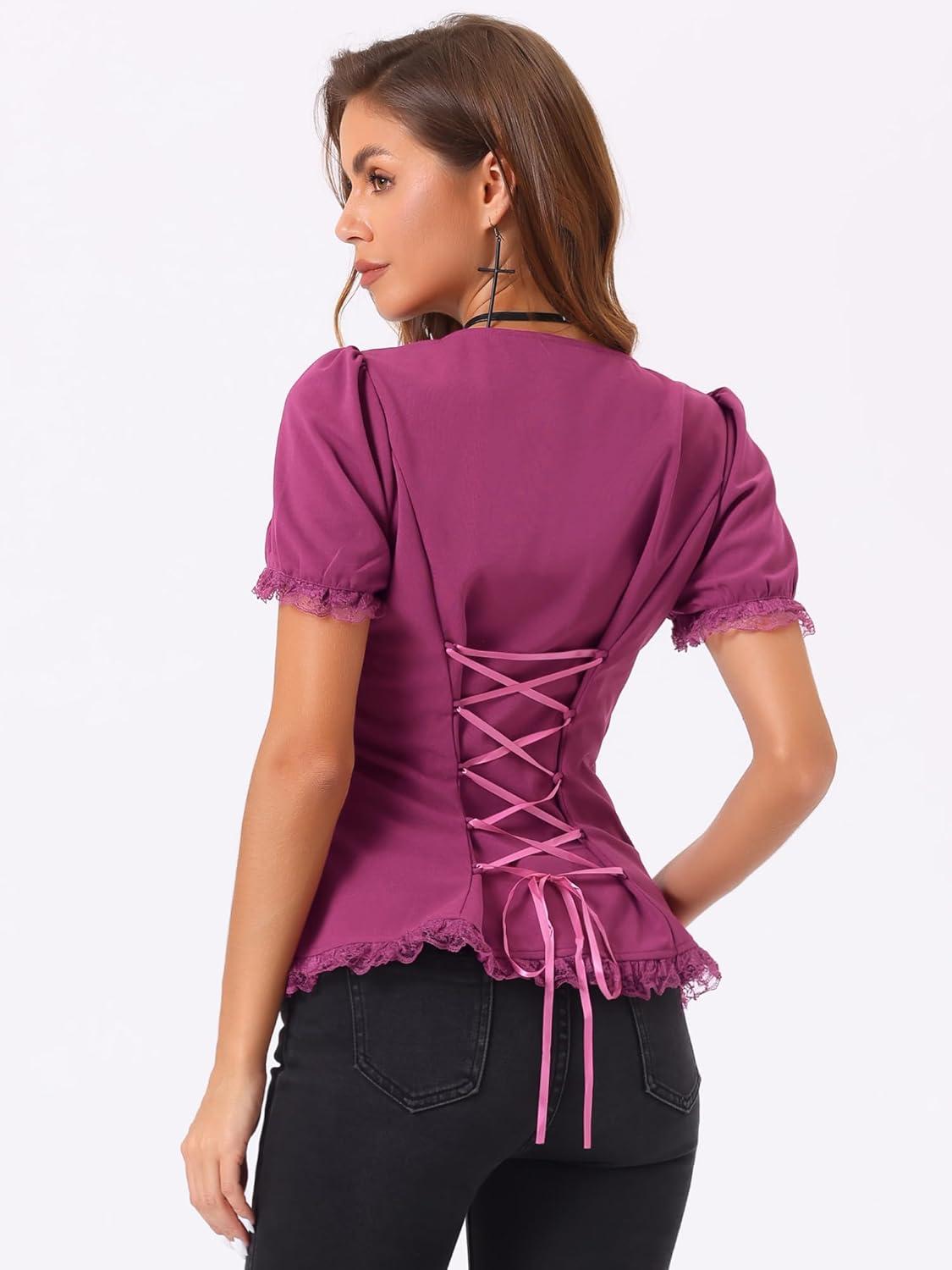 imageAllegra K Victorian Shirt for Womens Sweetheart Neck Puff Sleeve Halloween Lace Up Gothic BlousePurple