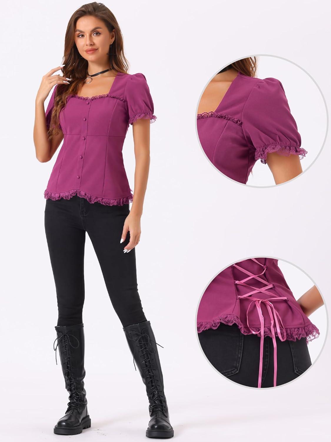 imageAllegra K Victorian Shirt for Womens Sweetheart Neck Puff Sleeve Halloween Lace Up Gothic BlousePurple