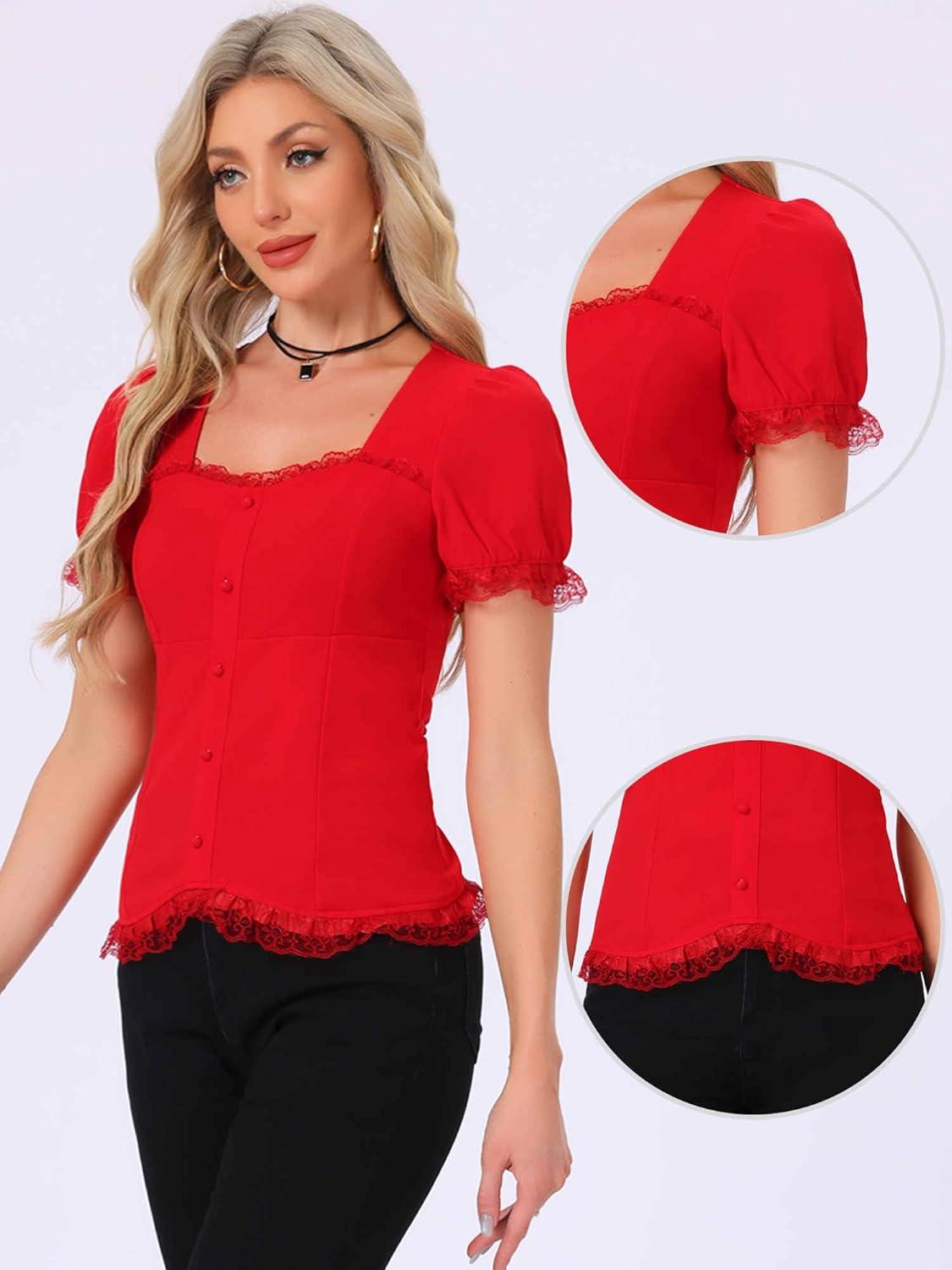 imageAllegra K Victorian Shirt for Womens Sweetheart Neck Puff Sleeve Halloween Lace Up Gothic BlouseRed