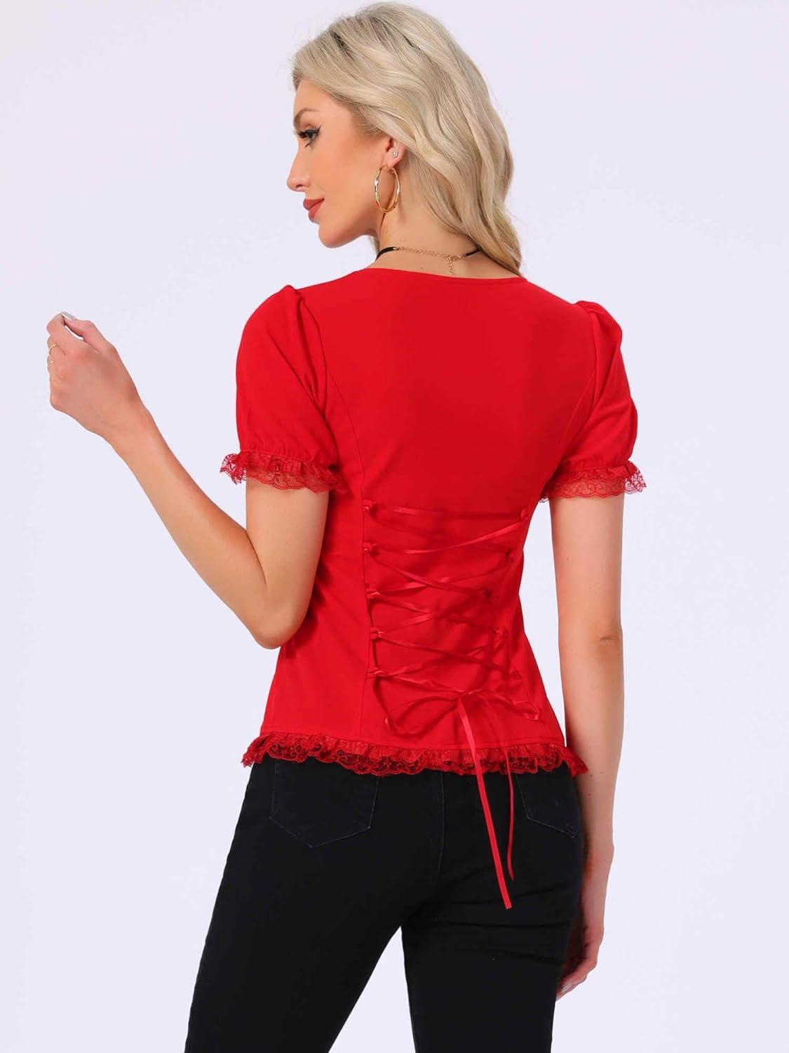 imageAllegra K Victorian Shirt for Womens Sweetheart Neck Puff Sleeve Halloween Lace Up Gothic BlouseRed