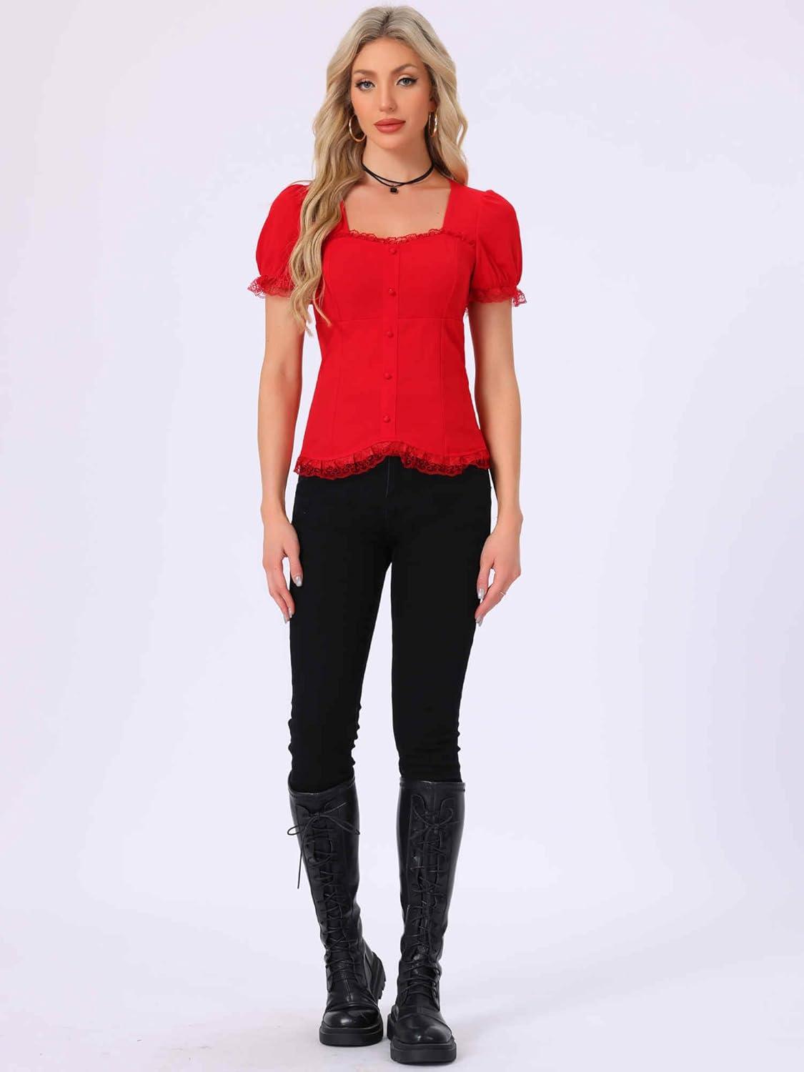 imageAllegra K Victorian Shirt for Womens Sweetheart Neck Puff Sleeve Halloween Lace Up Gothic BlouseRed