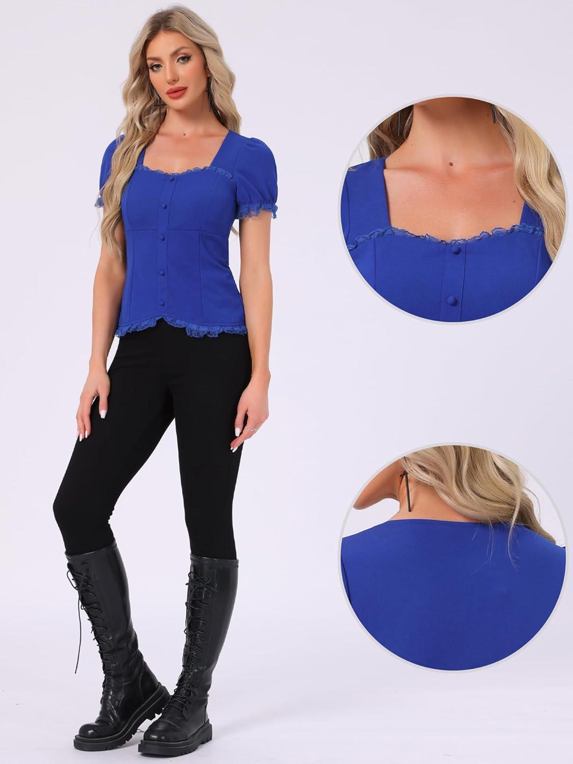 imageAllegra K Victorian Shirt for Womens Sweetheart Neck Puff Sleeve Halloween Lace Up Gothic BlouseRoyal Blue