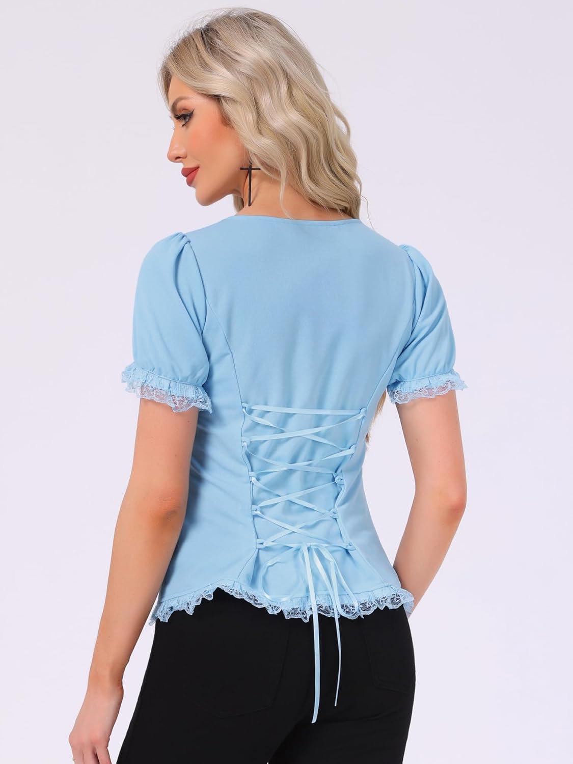 imageAllegra K Victorian Shirt for Womens Sweetheart Neck Puff Sleeve Halloween Lace Up Gothic BlouseSky Blue