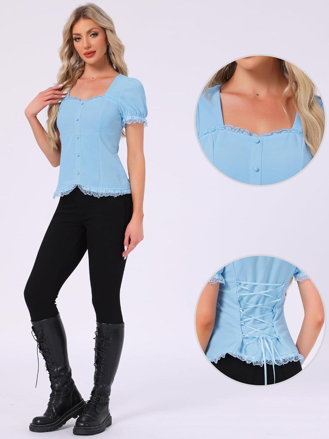 imageAllegra K Victorian Shirt for Womens Sweetheart Neck Puff Sleeve Halloween Lace Up Gothic BlouseSky Blue
