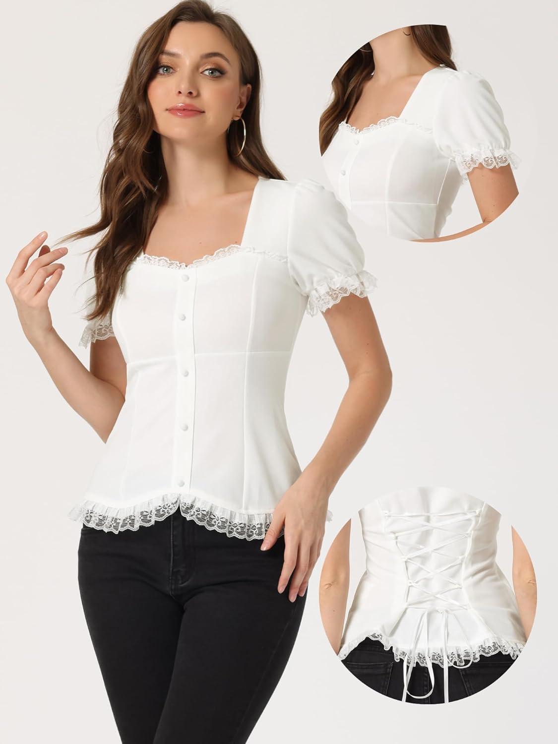 imageAllegra K Victorian Shirt for Womens Sweetheart Neck Puff Sleeve Halloween Lace Up Gothic BlouseWhite
