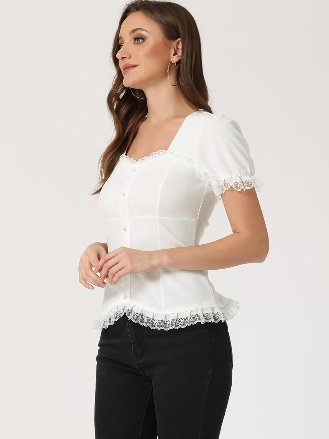 imageAllegra K Victorian Shirt for Womens Sweetheart Neck Puff Sleeve Halloween Lace Up Gothic BlouseWhite
