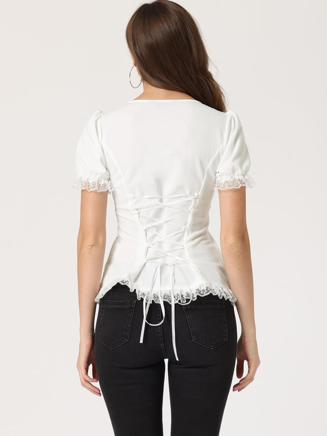 imageAllegra K Victorian Shirt for Womens Sweetheart Neck Puff Sleeve Halloween Lace Up Gothic BlouseWhite