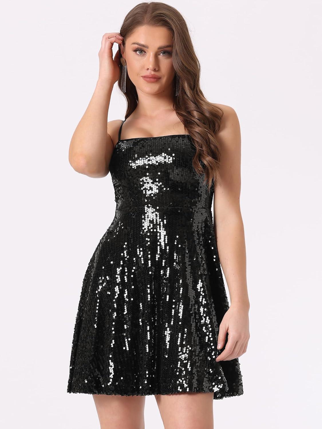 imageAllegra K Women Sequin Mini Dresses Party Club Adjustable Spaghetti Strap Festival Outfits Sparkly Disco DressBlacks