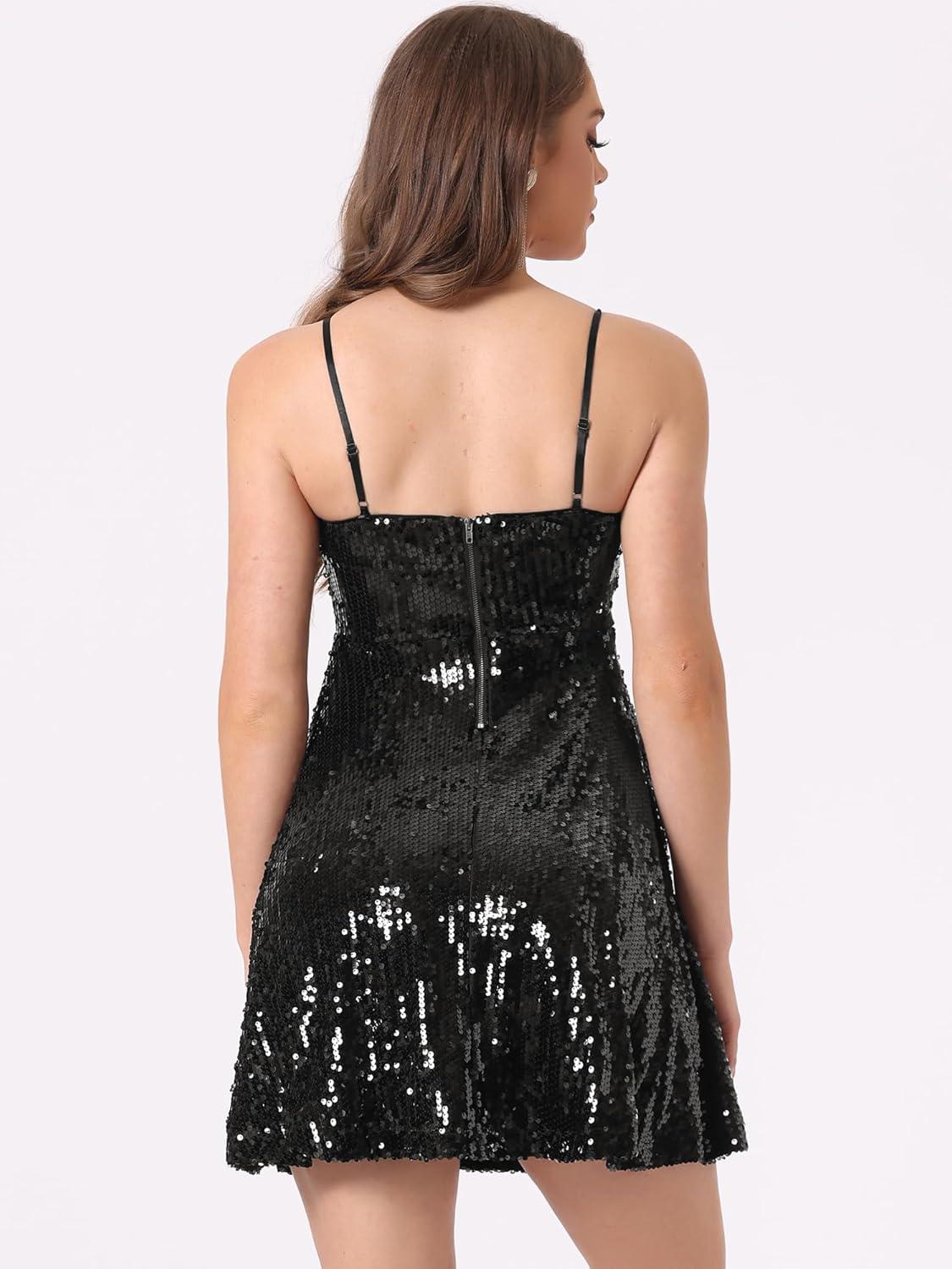 imageAllegra K Women Sequin Mini Dresses Party Club Adjustable Spaghetti Strap Festival Outfits Sparkly Disco DressBlacks
