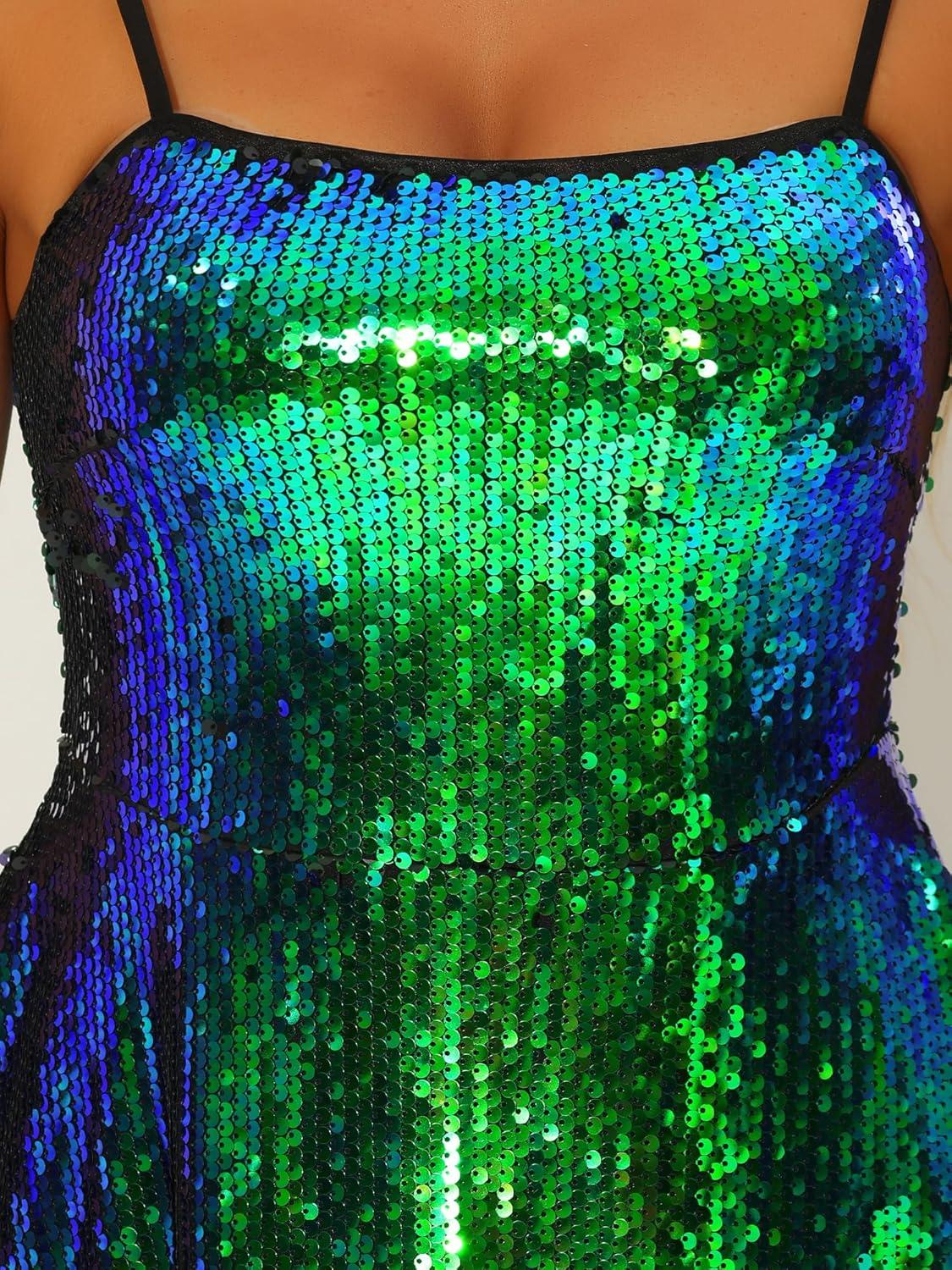 imageAllegra K Women Sequin Mini Dresses Party Club Adjustable Spaghetti Strap Festival Outfits Sparkly Disco DressGreen