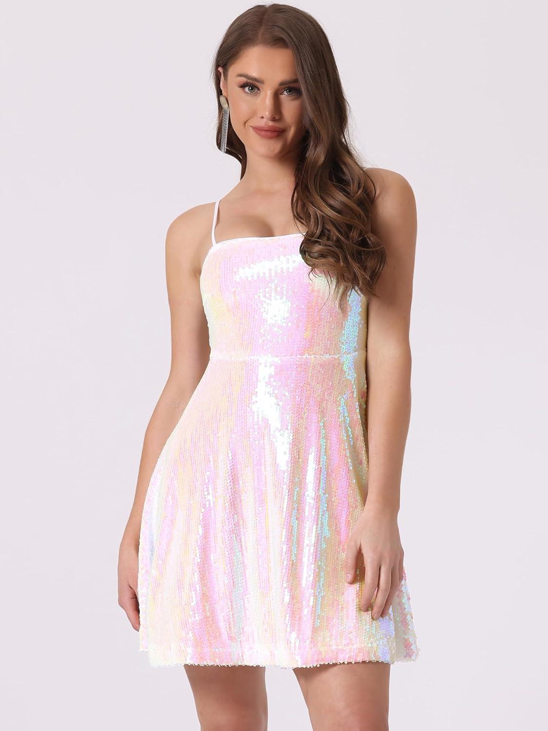 imageAllegra K Women Sequin Mini Dresses Party Club Adjustable Spaghetti Strap Festival Outfits Sparkly Disco DressPink White