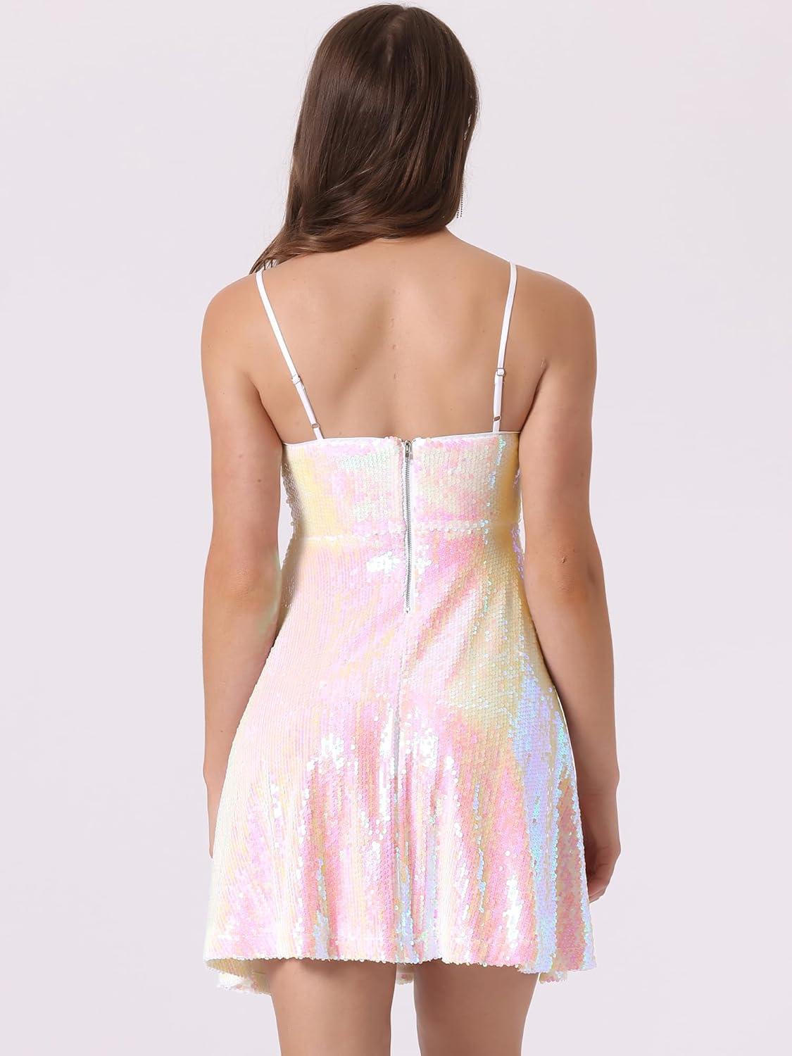 imageAllegra K Women Sequin Mini Dresses Party Club Adjustable Spaghetti Strap Festival Outfits Sparkly Disco DressPink White