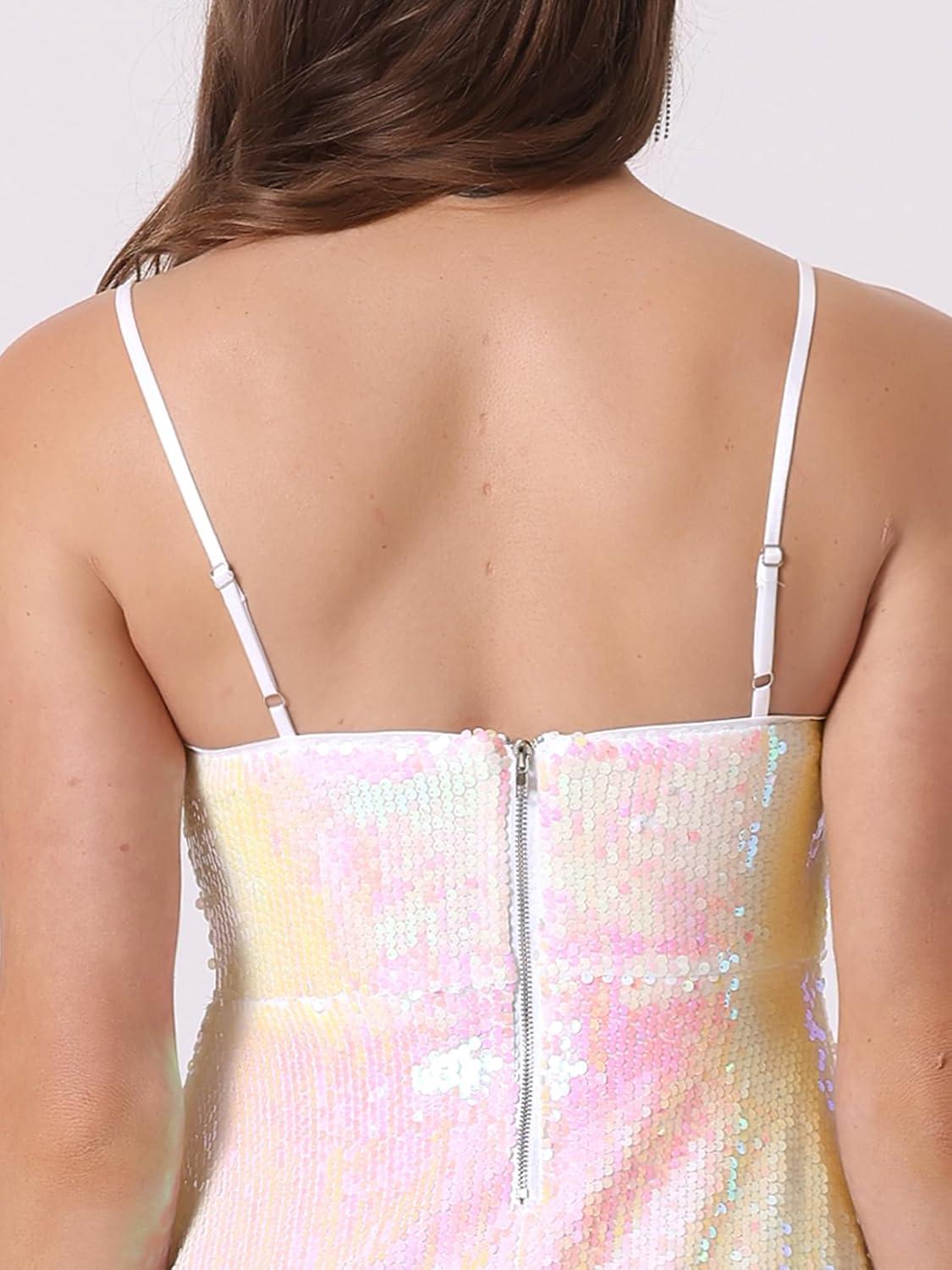 imageAllegra K Women Sequin Mini Dresses Party Club Adjustable Spaghetti Strap Festival Outfits Sparkly Disco DressPink White
