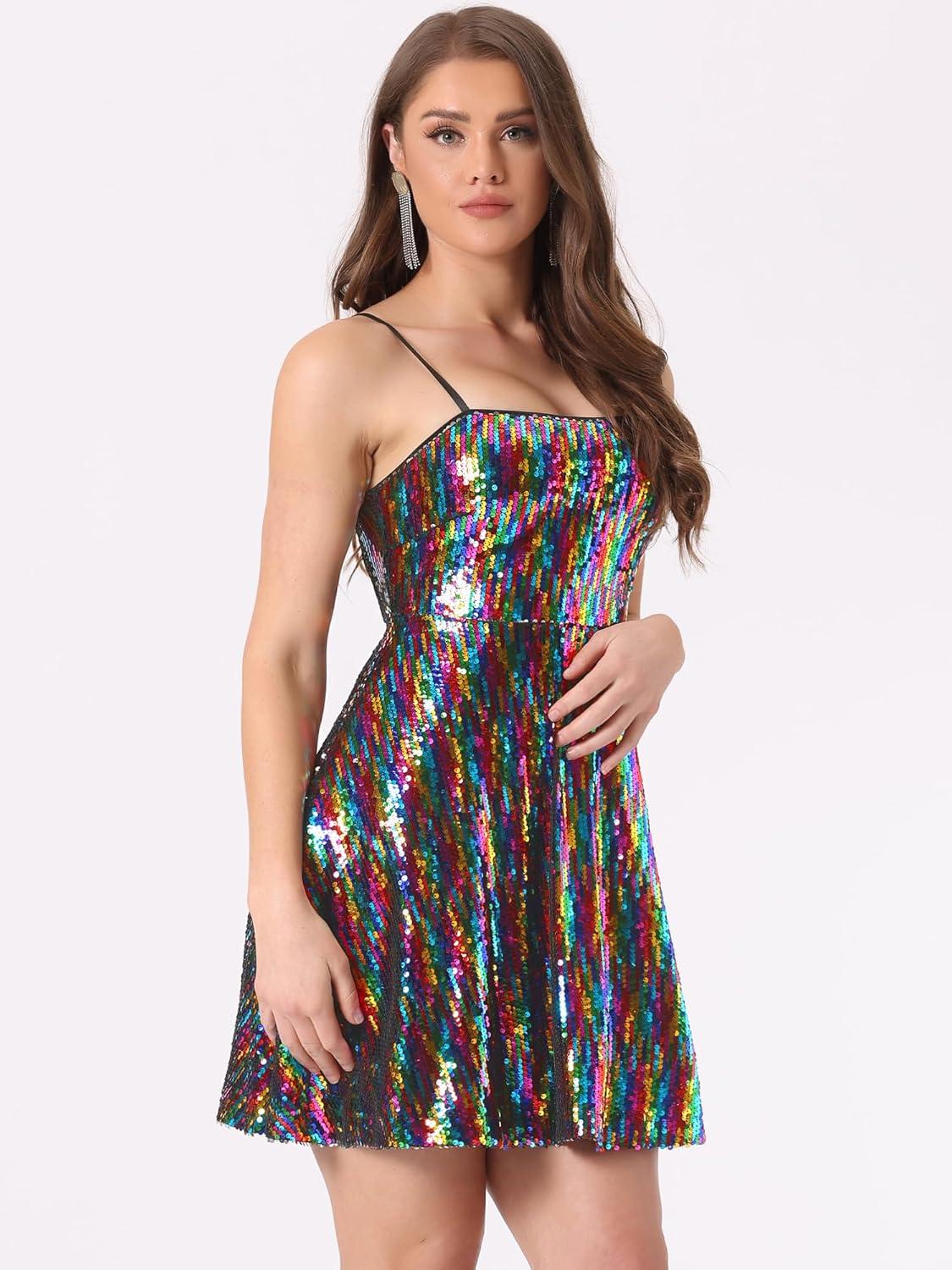 imageAllegra K Women Sequin Mini Dresses Party Club Adjustable Spaghetti Strap Festival Outfits Sparkly Disco DressRainbow