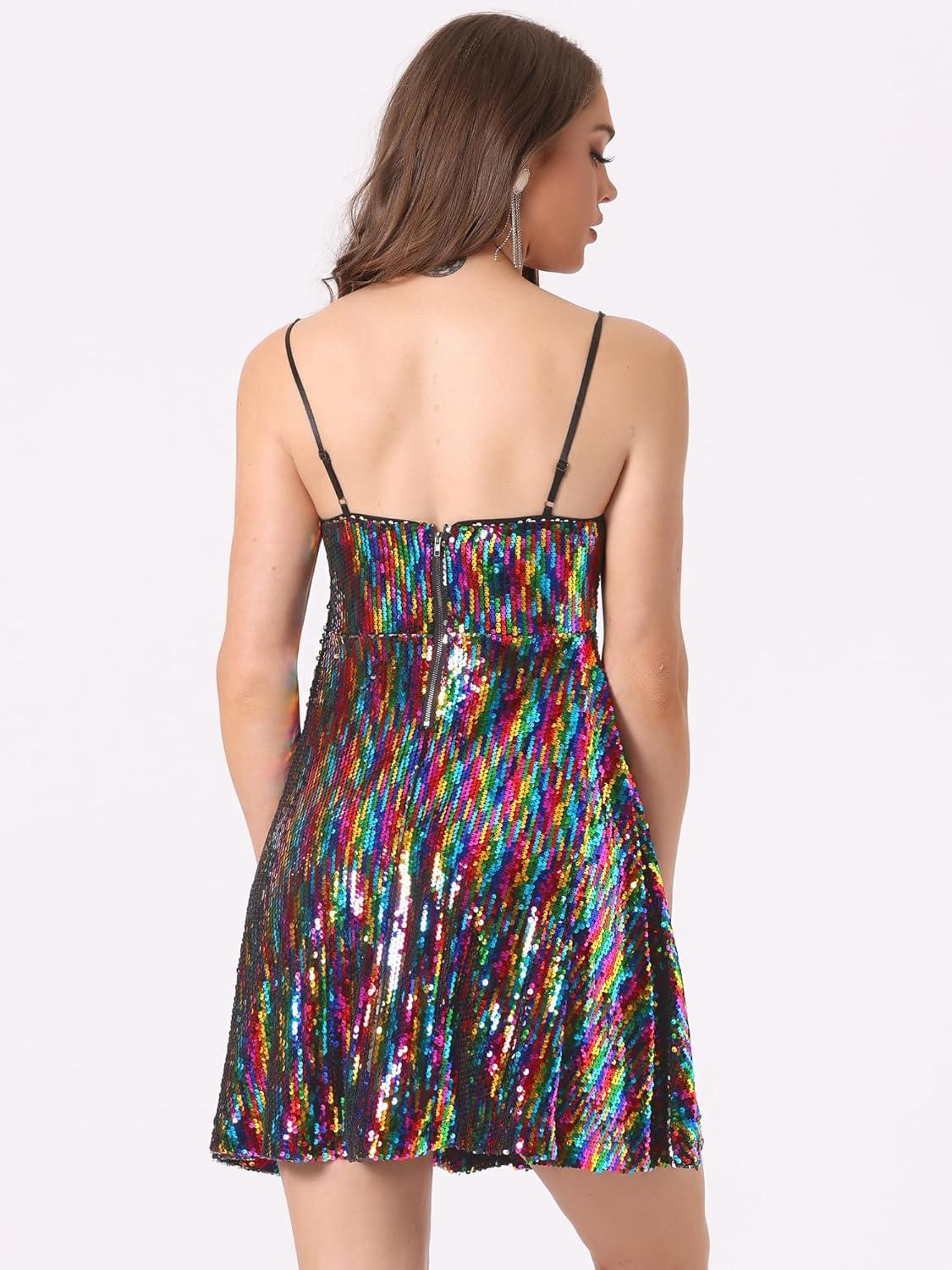 imageAllegra K Women Sequin Mini Dresses Party Club Adjustable Spaghetti Strap Festival Outfits Sparkly Disco DressRainbow