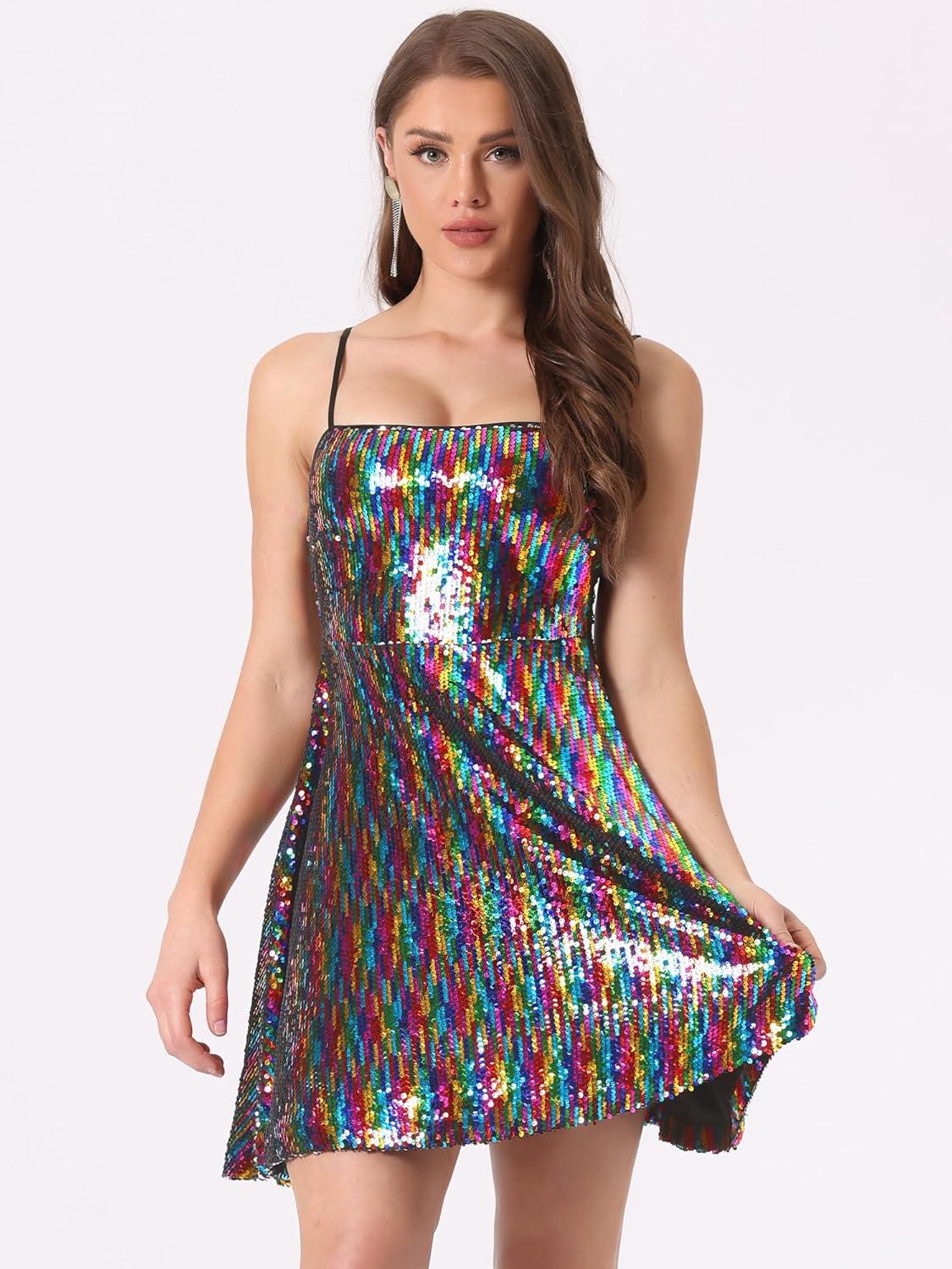 imageAllegra K Women Sequin Mini Dresses Party Club Adjustable Spaghetti Strap Festival Outfits Sparkly Disco DressRainbow