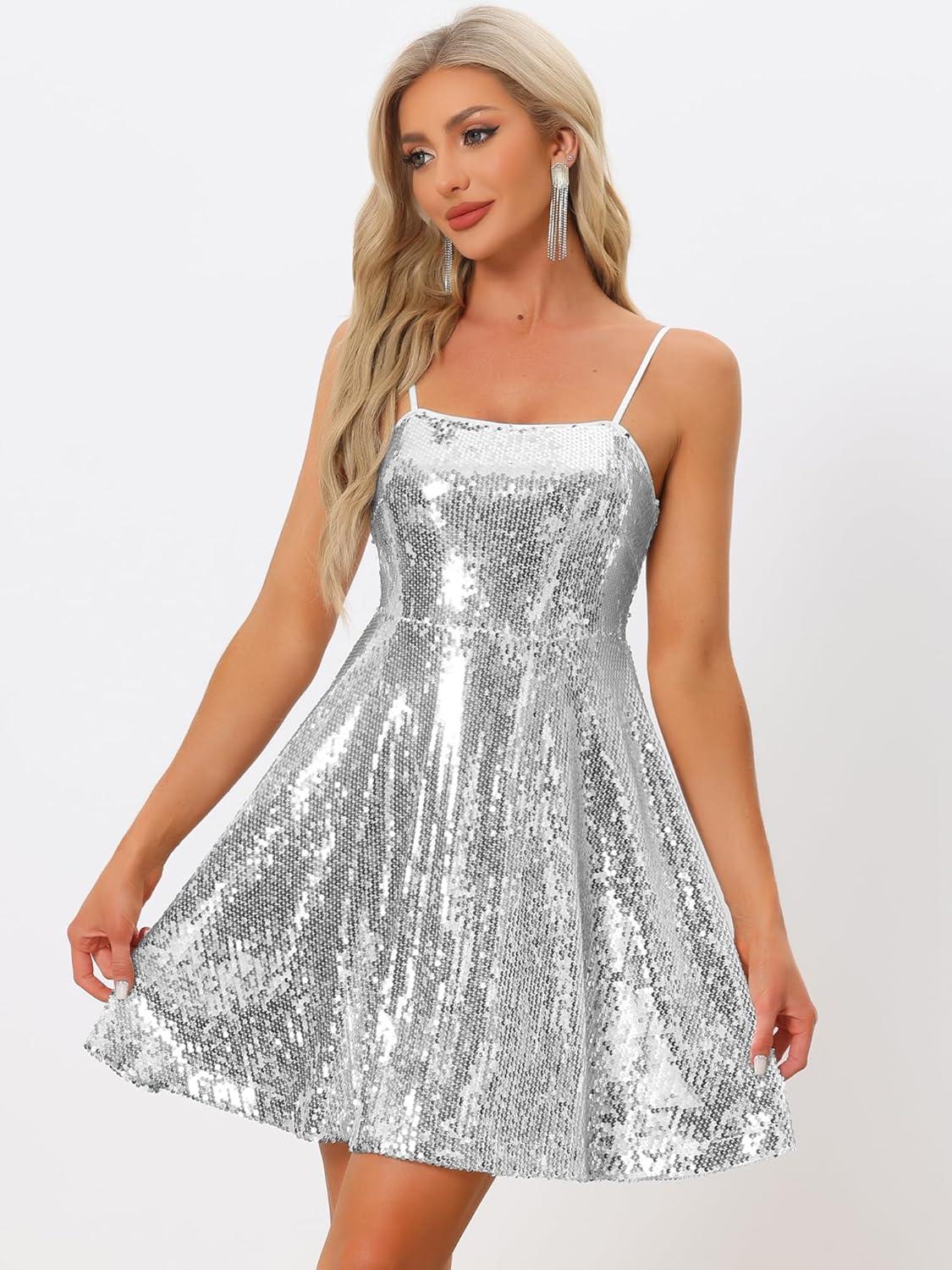 imageAllegra K Women Sequin Mini Dresses Party Club Adjustable Spaghetti Strap Festival Outfits Sparkly Disco DressSilver