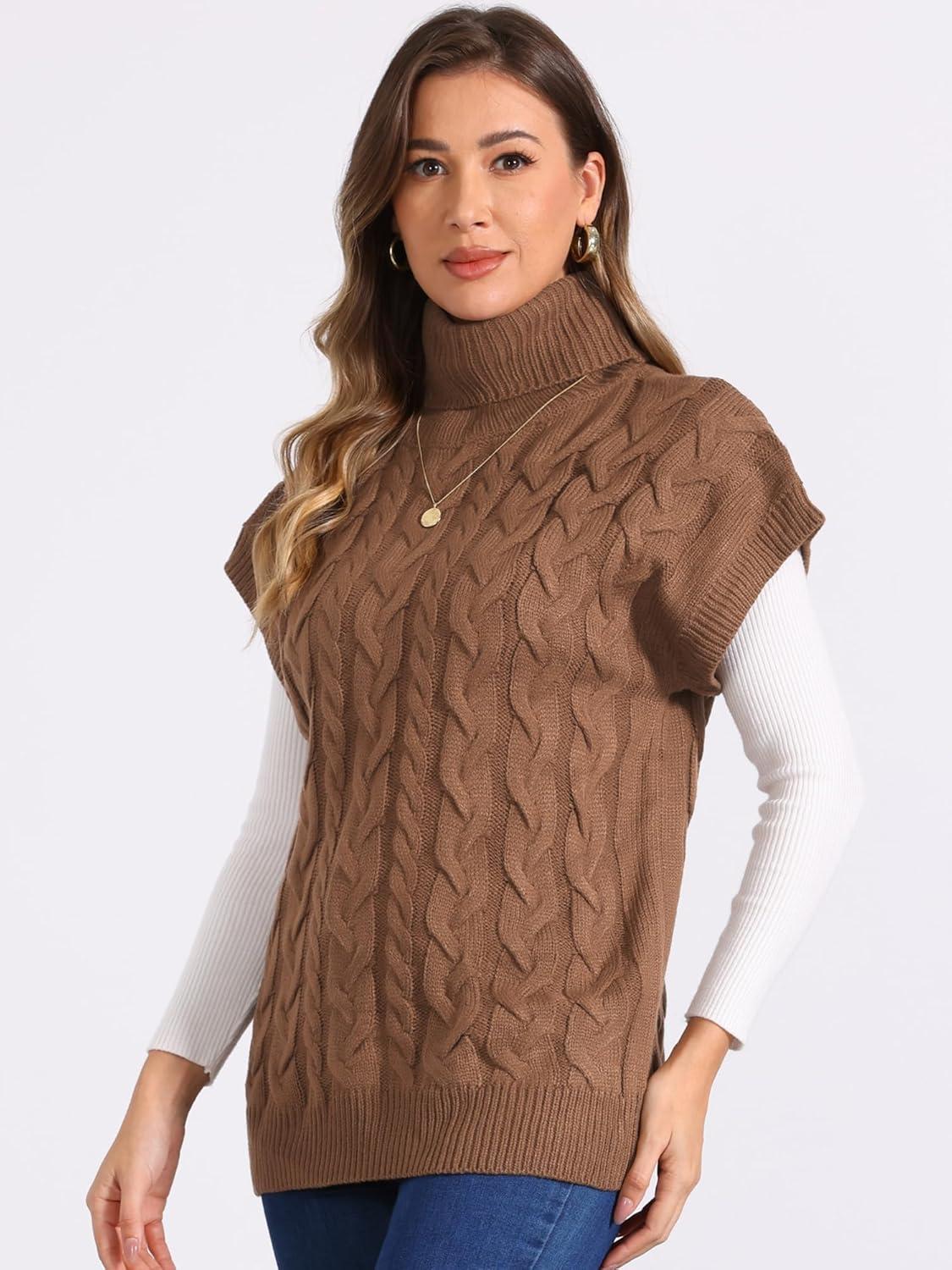imageAllegra K Womens Casual Turtleneck Sweaters Mock Neck Twist Sleeveless Vests Knit Pullover Sweater VestBrown