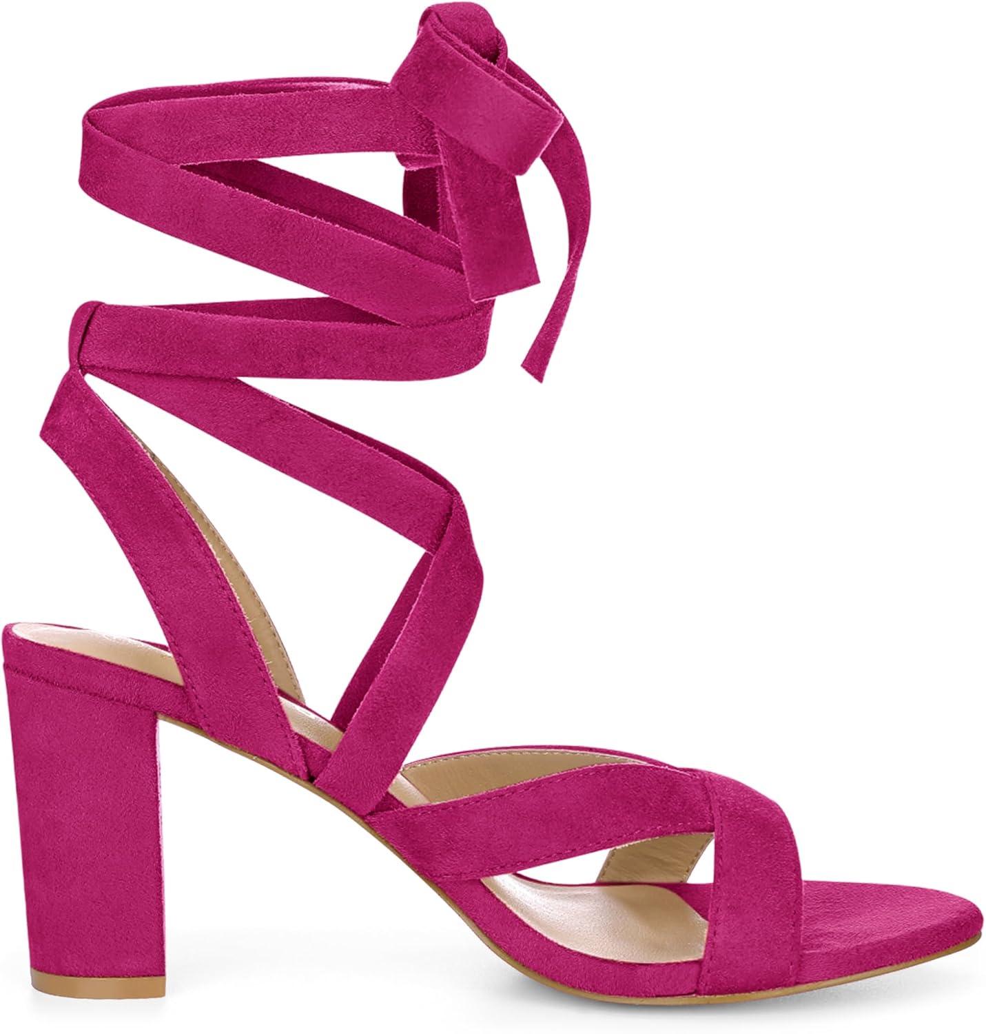 imageAllegra K Womens Crisscross Chunky Heel Lace Ups SandalsHot Pink