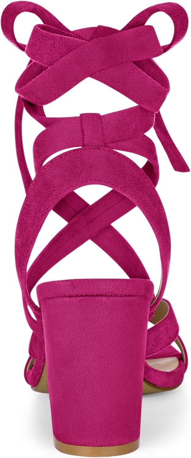 imageAllegra K Womens Crisscross Chunky Heel Lace Ups SandalsHot Pink