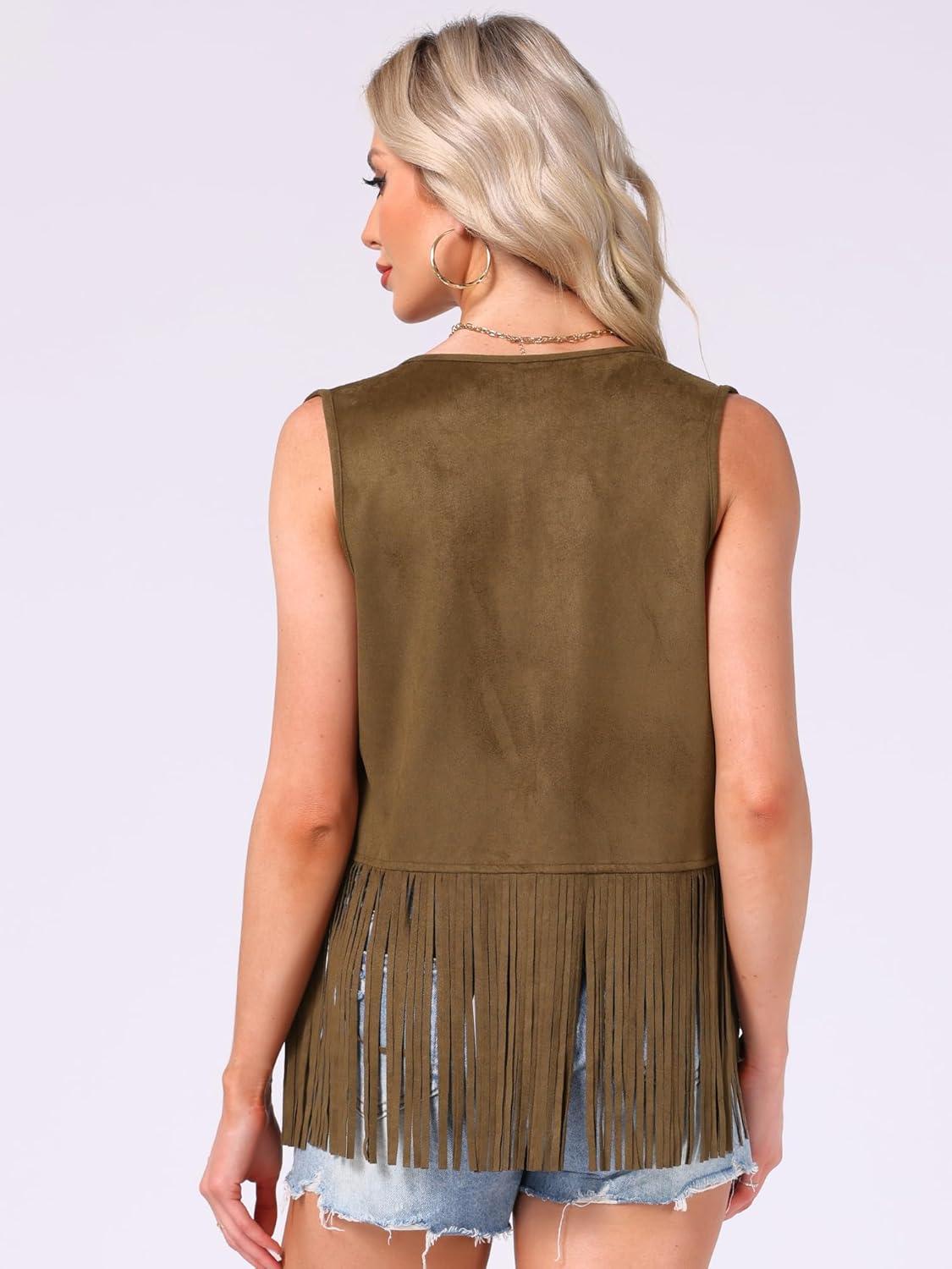 imageAllegra K Womens Fringe Vest Open Front Western 70s Outfits Faux Suede Tassel CardiganBrown