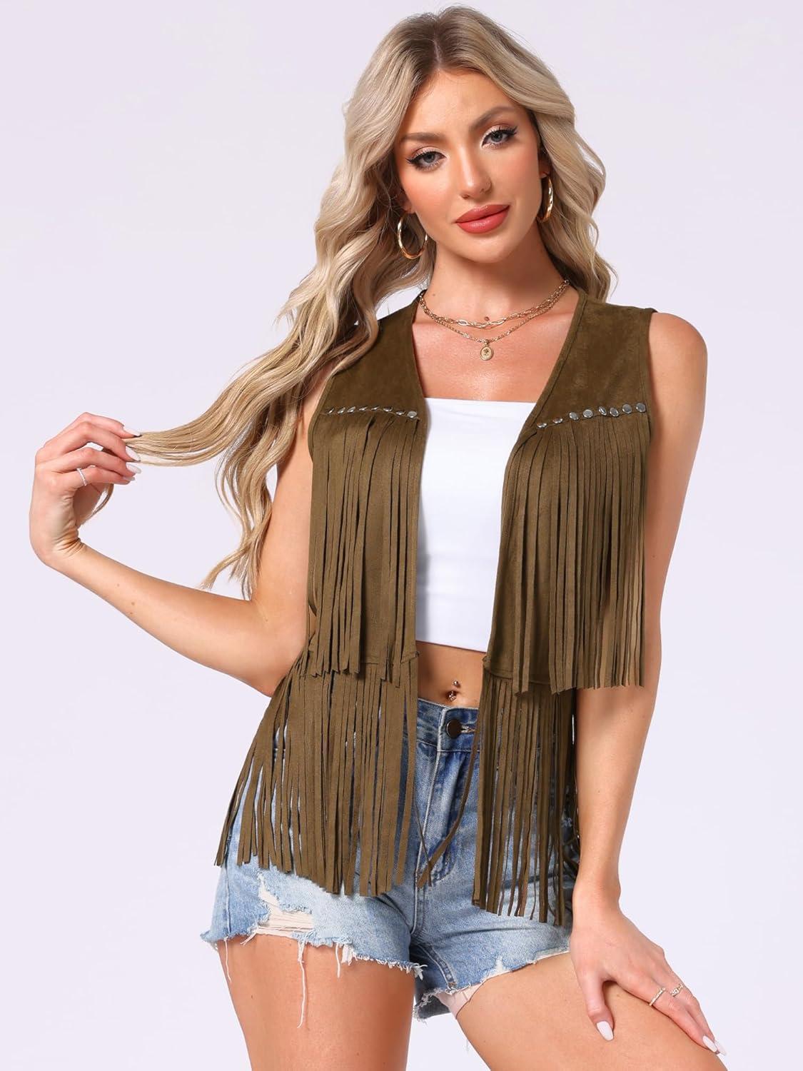 imageAllegra K Womens Fringe Vest Open Front Western 70s Outfits Faux Suede Tassel CardiganBrown