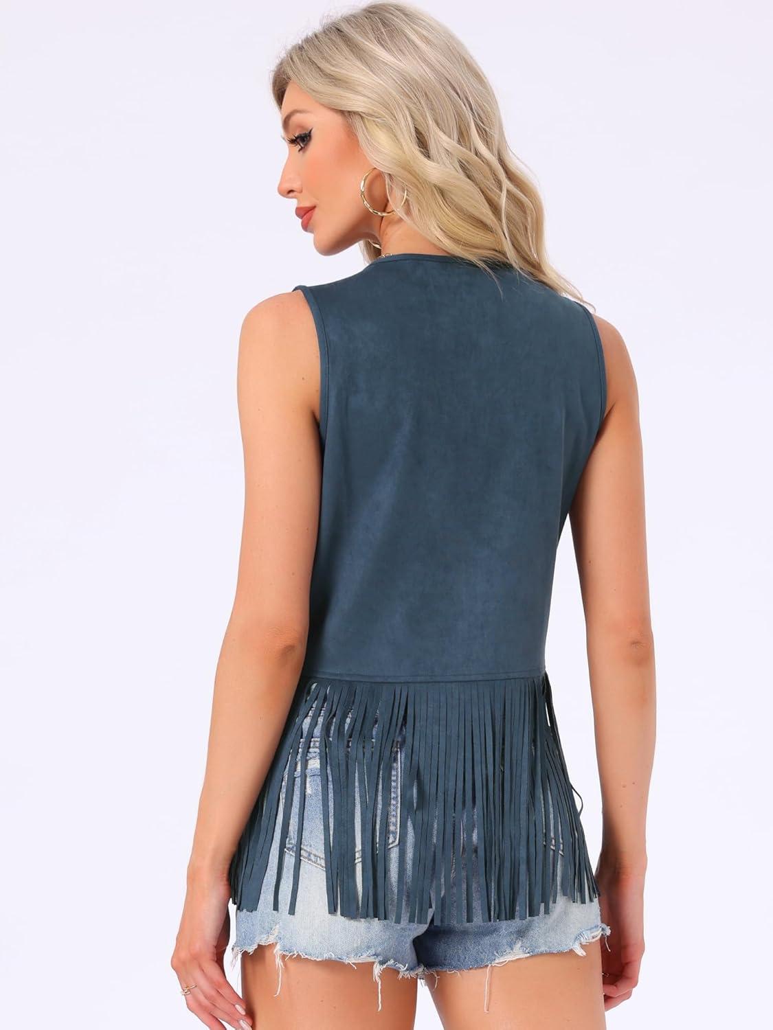 imageAllegra K Womens Fringe Vest Open Front Western 70s Outfits Faux Suede Tassel CardiganDark Blue