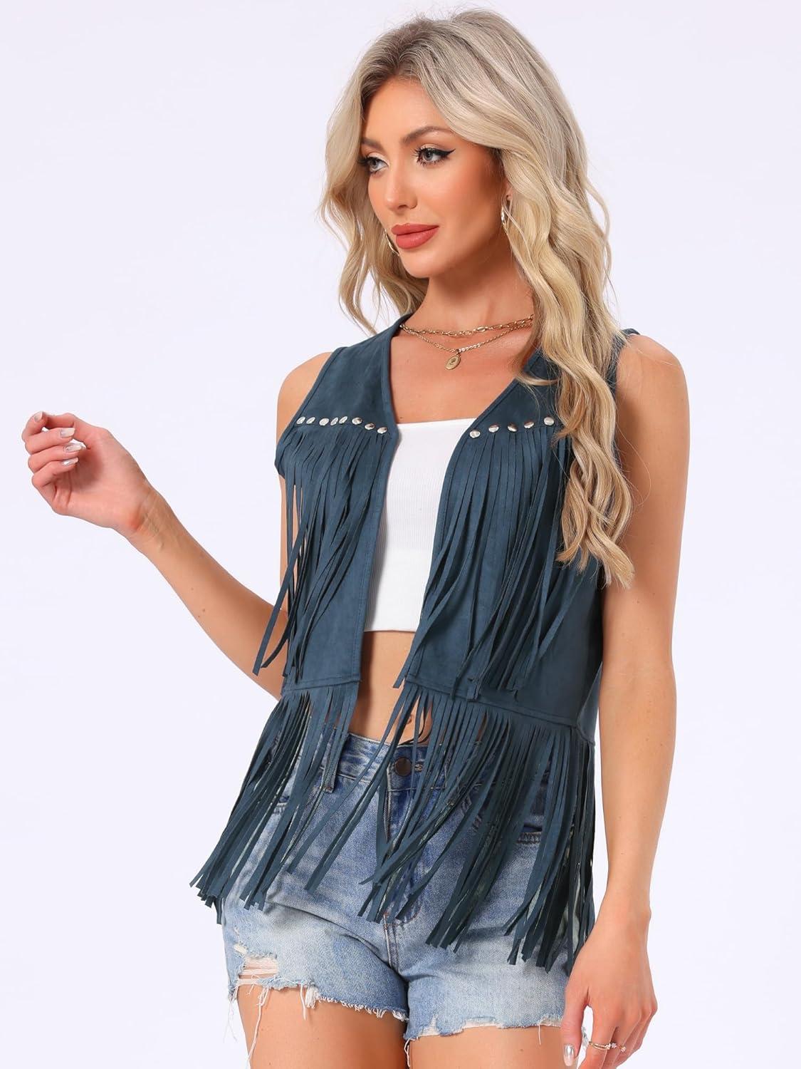 imageAllegra K Womens Fringe Vest Open Front Western 70s Outfits Faux Suede Tassel CardiganDark Blue