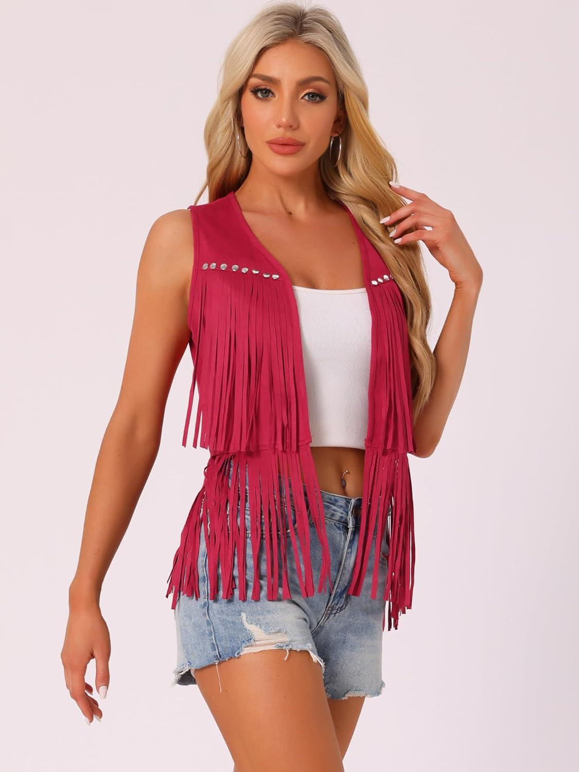 imageAllegra K Womens Fringe Vest Open Front Western 70s Outfits Faux Suede Tassel CardiganRed
